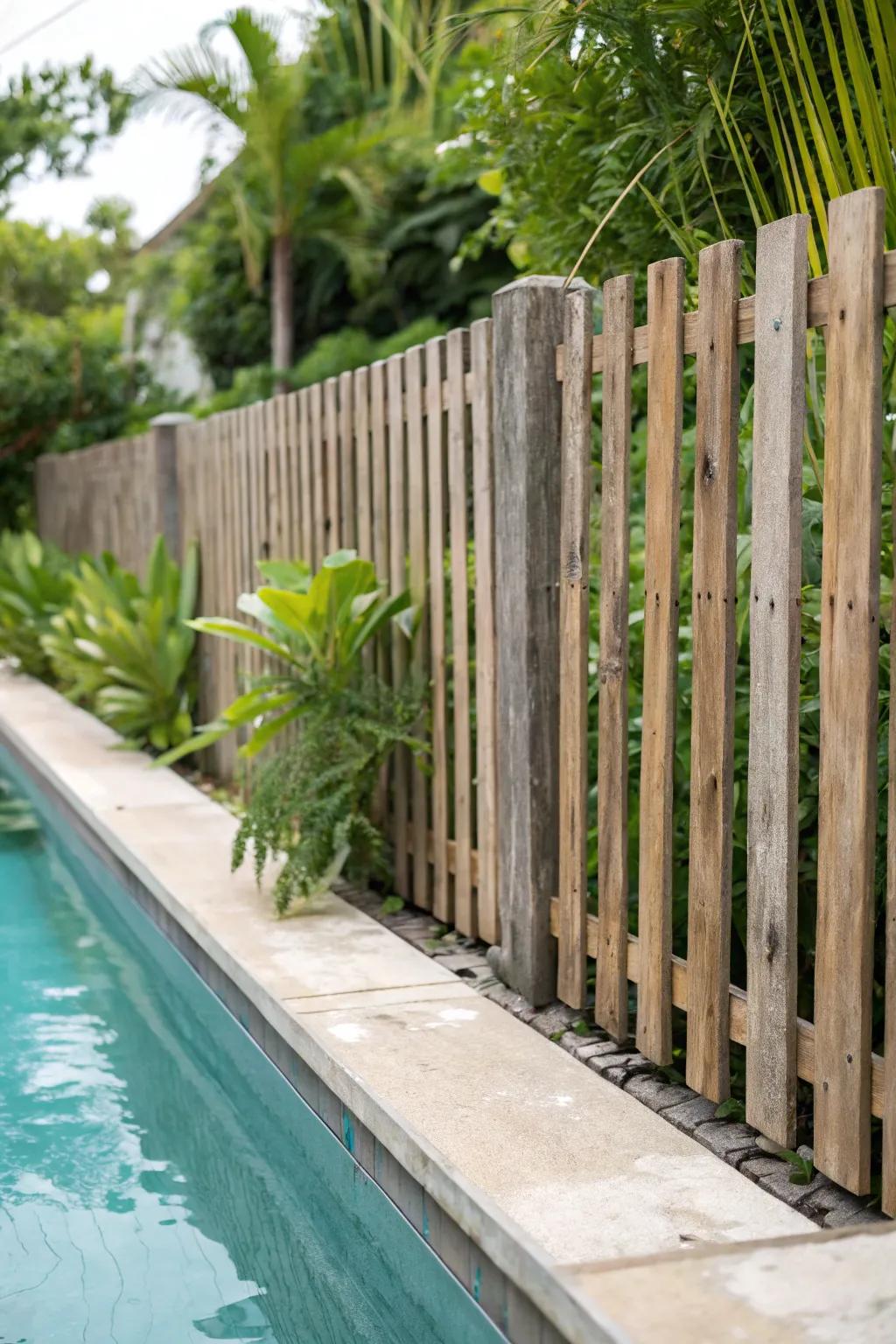 A timeless timbered slat fence gracefully embracing a pool with organic elegance.