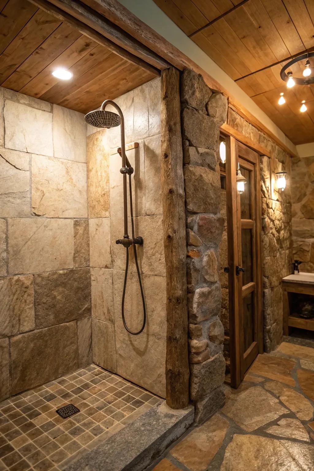 A countryside-inspired shower displaying the ageless sophistication of natural stone tiling.