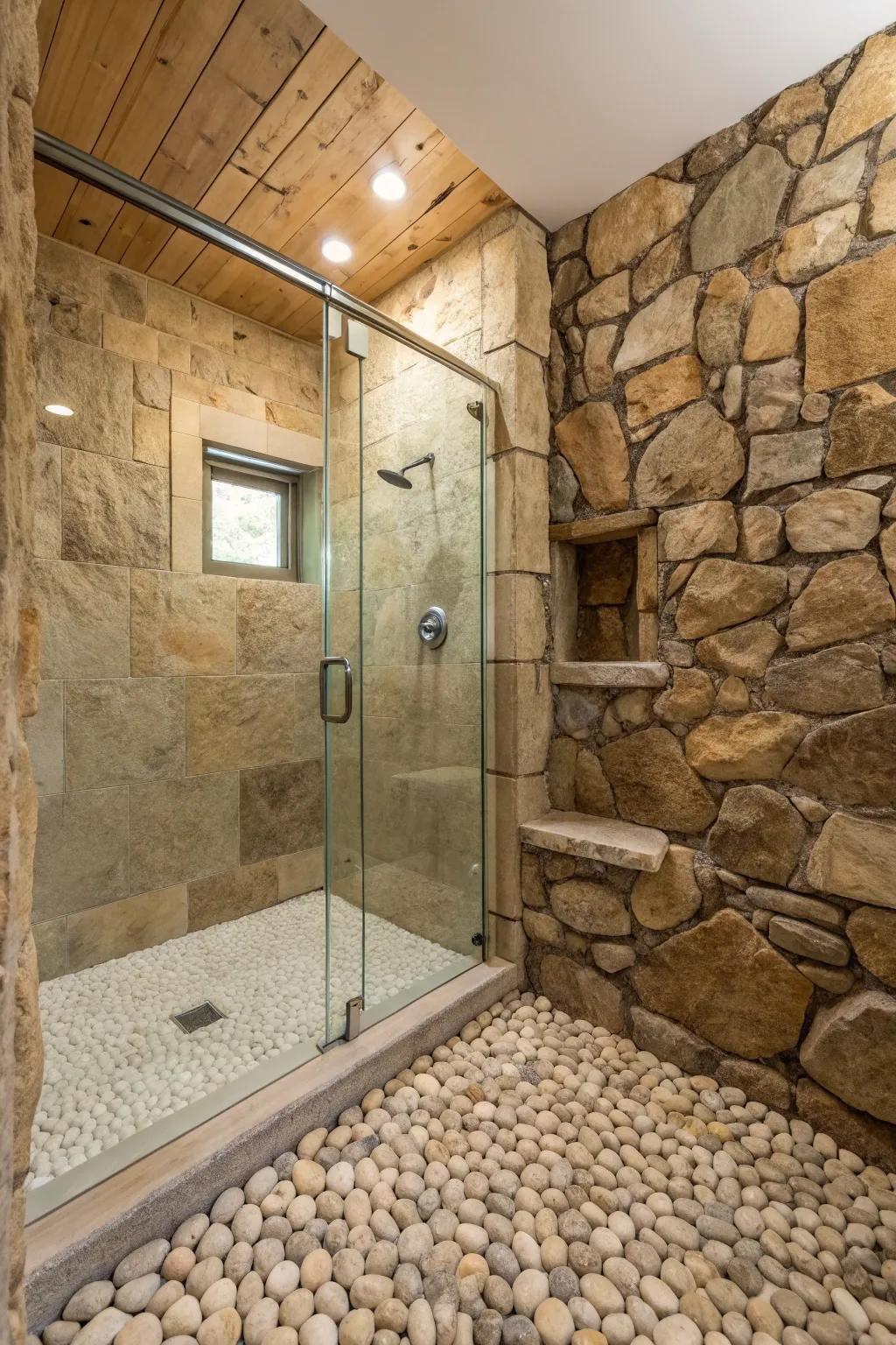 Natural stone walls introduce an organic grace to your shower.