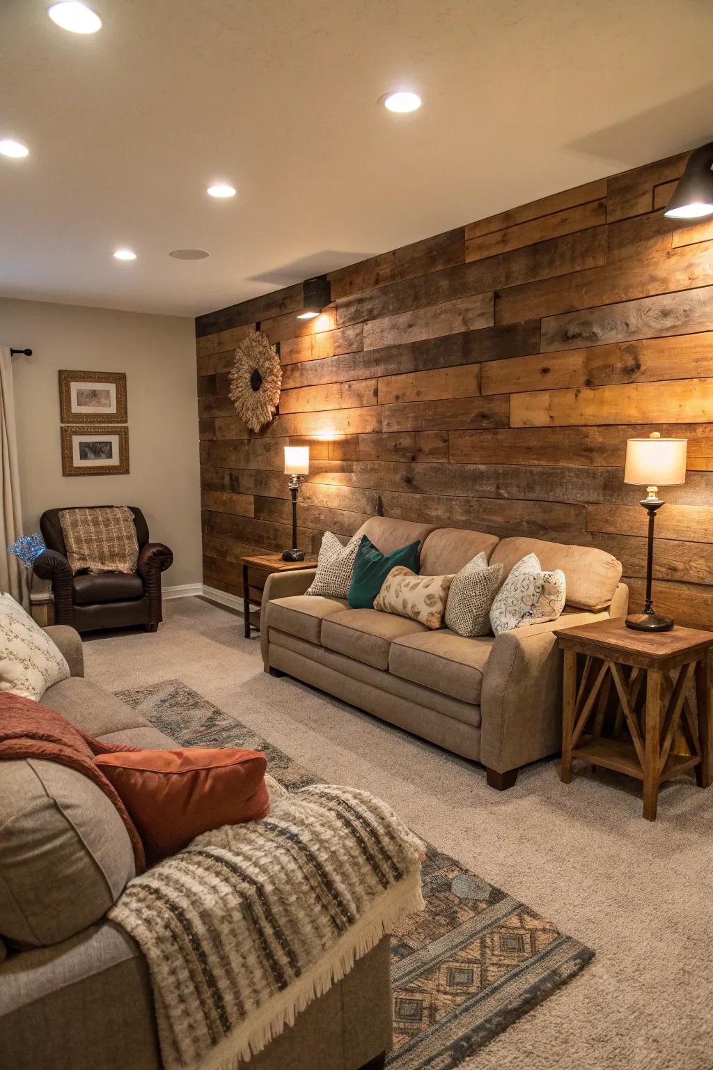 A living room showcased with a repurposed timber feature wall which serves as a captivating point of interest.