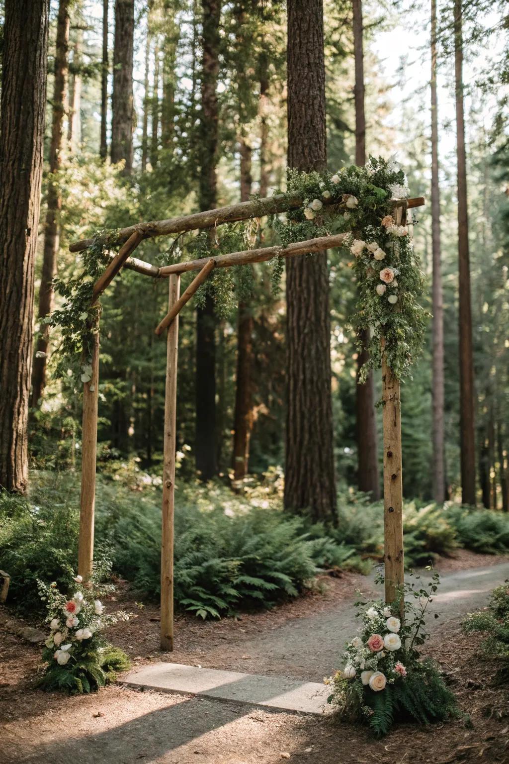 A minimalist timber arch in a woodland setting, enhanced with vibrant foliage.