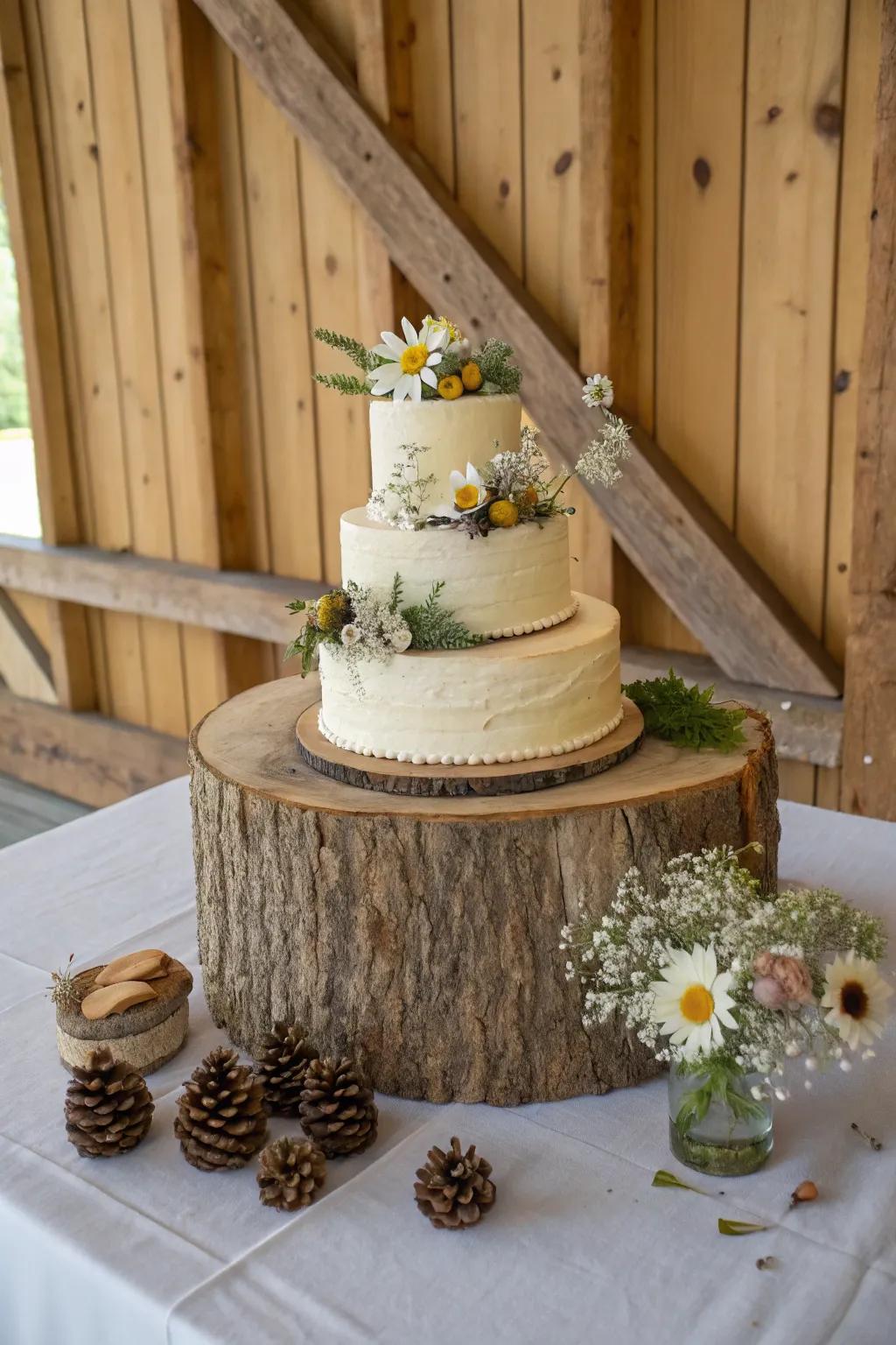 Classic tree-trunk round stand for a rustic cake display.