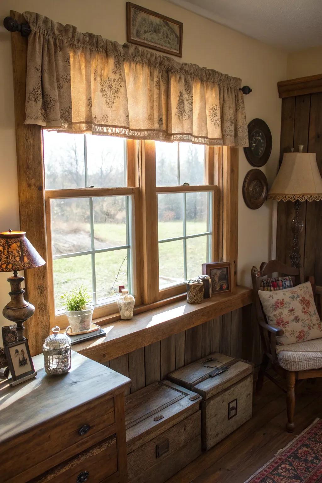 An aged wood window valance created from upcycled barn planks, infusing a comfortable living area with texture and history.