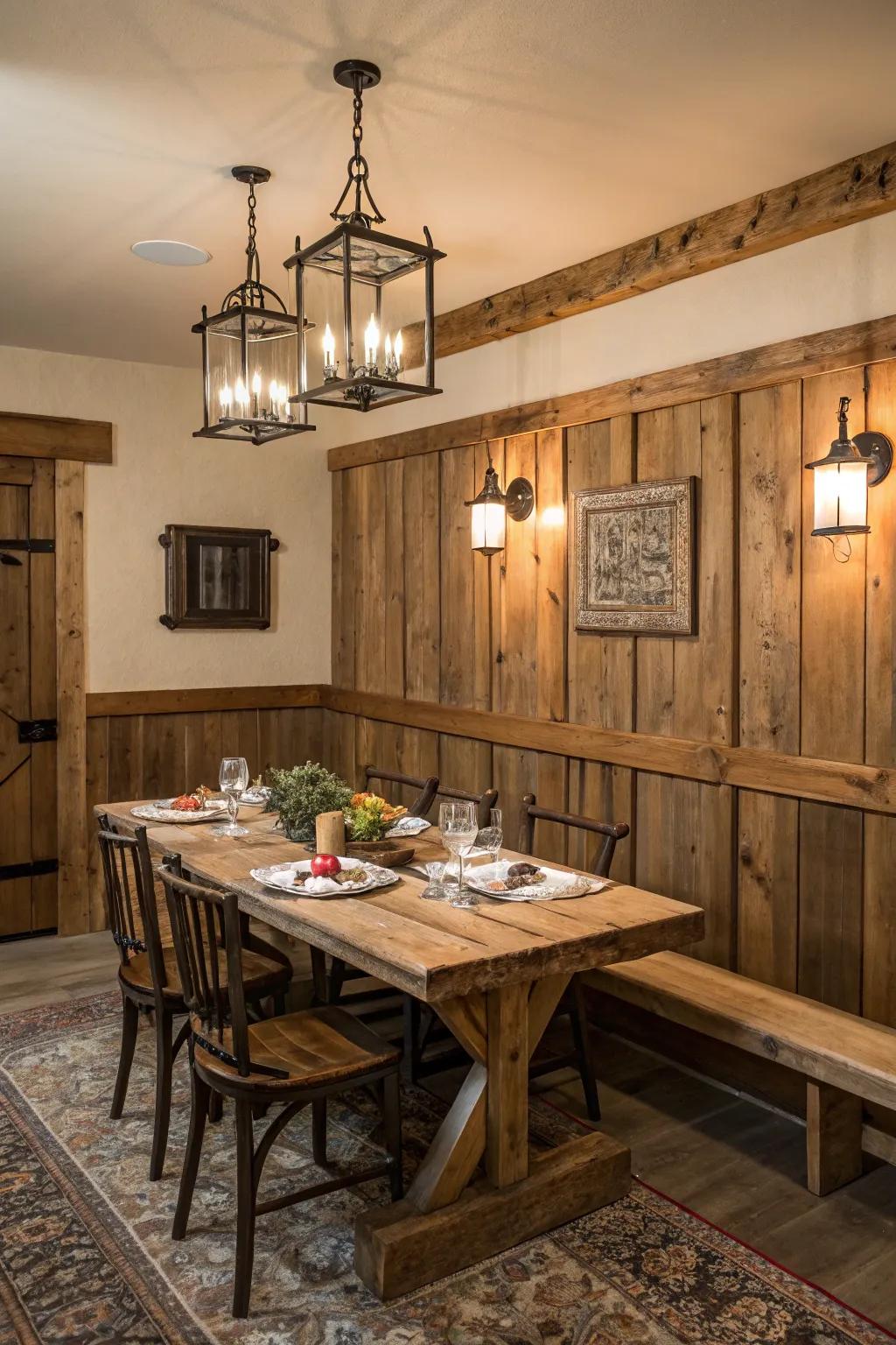 Reclaimed wood paneling brings character and history to your dining space.