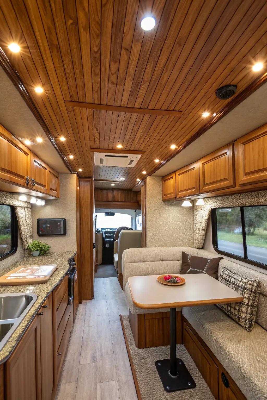 Wood paneling lends a rustic appeal to your RV, reminiscent of a comfortable cabin.