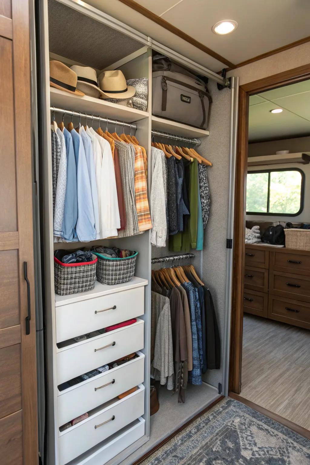 Hanging units in an RV closet ensure plenty of room for your wardrobe and accessories.