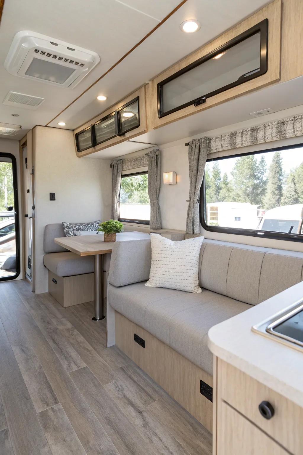 An RV interior featuring a contemporary neutral color story that maximizes space and luminosity.