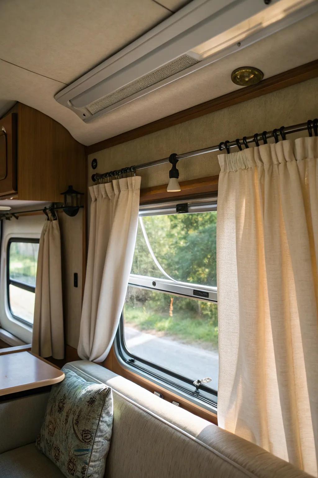 Effortlessly stylish: tension rod curtains enhancing an RV interior.