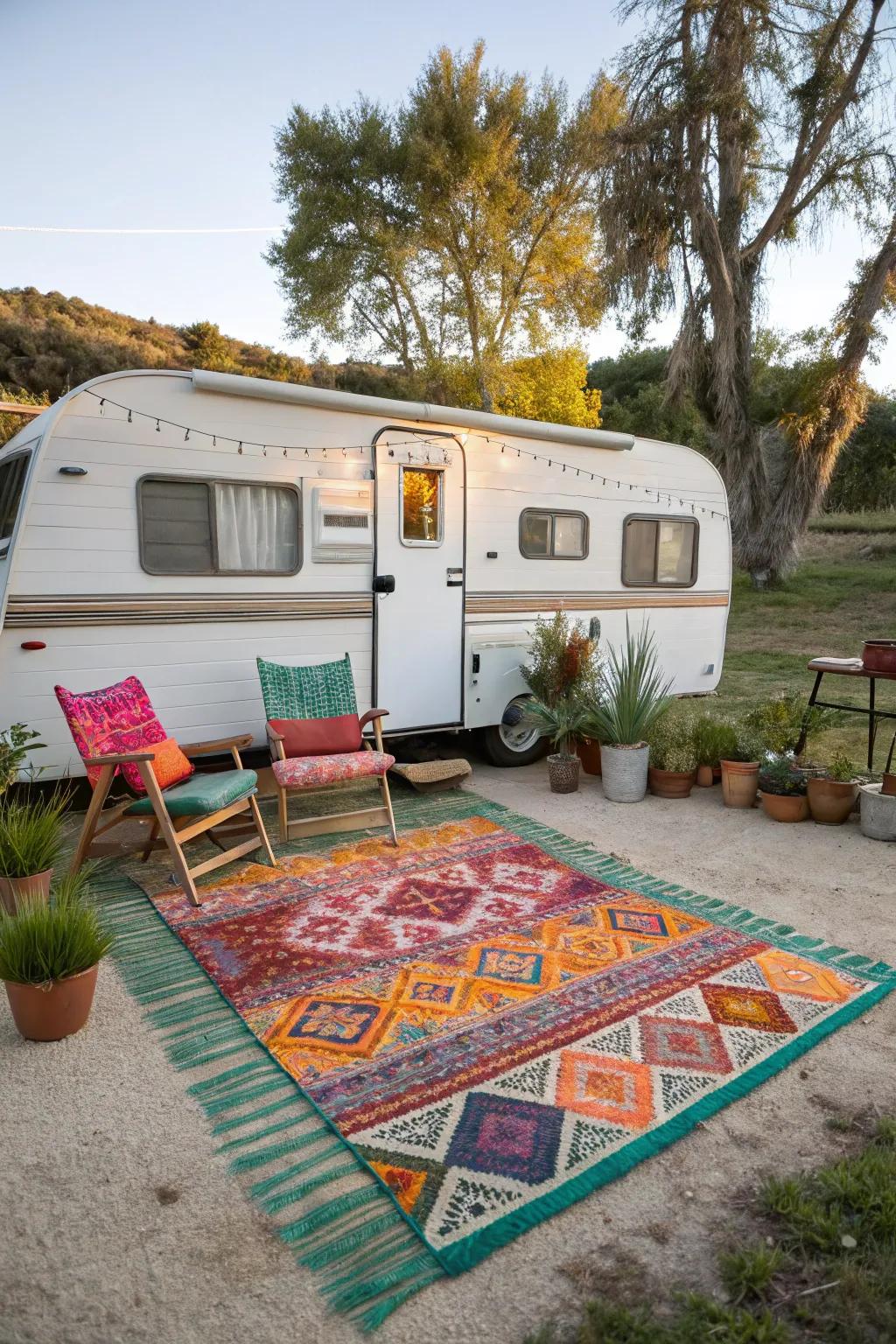 An outdoor rug brings comfort and style to your RV setup.
