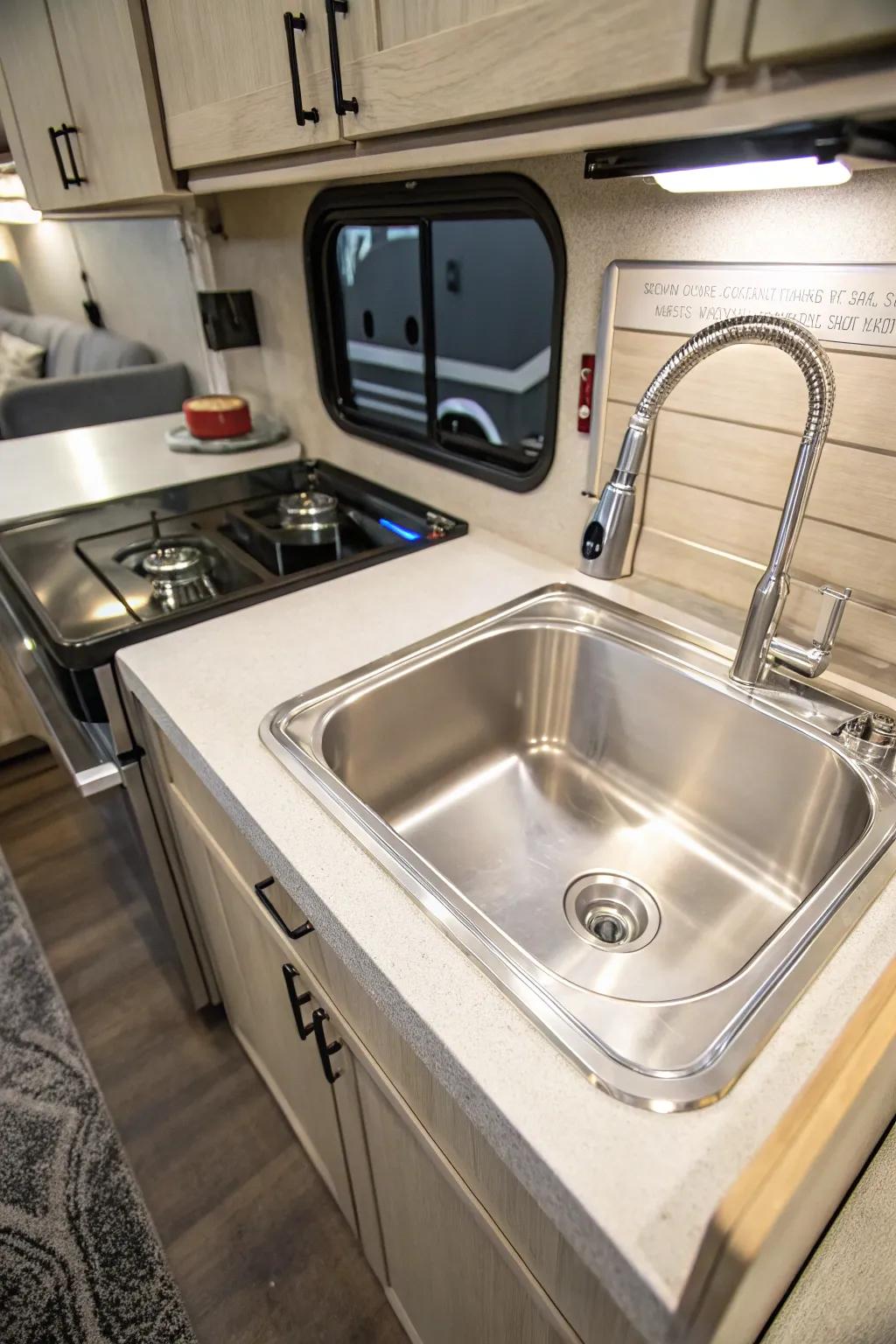 A streamlined stainless steel sink integrated into an RV kitchen.