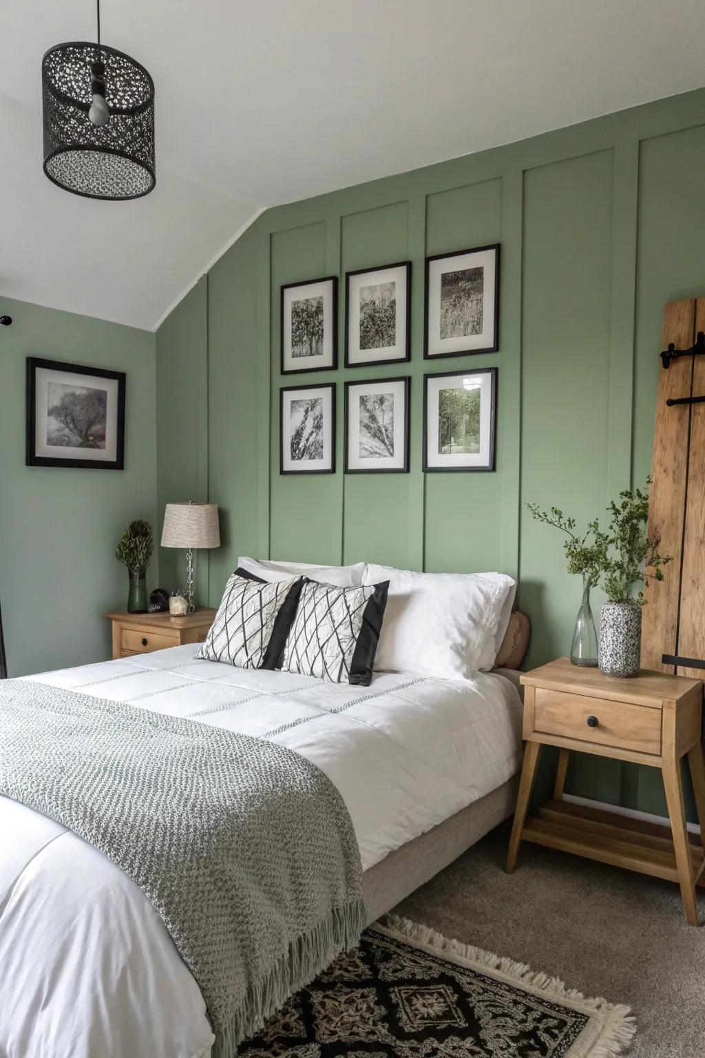 A sage green feature wall offers a tranquil scene for contrasting decorative items.