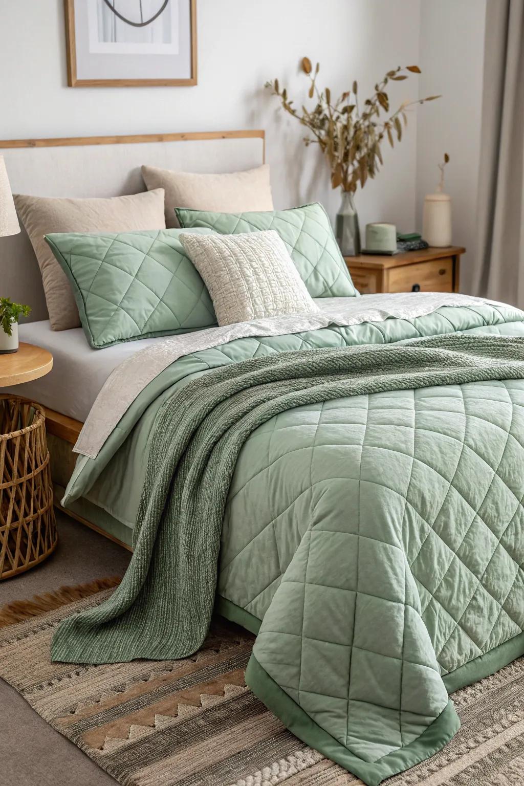 Enhance the depth of your bedroom's aesthetic through the strategic layering of gentle green bedding.