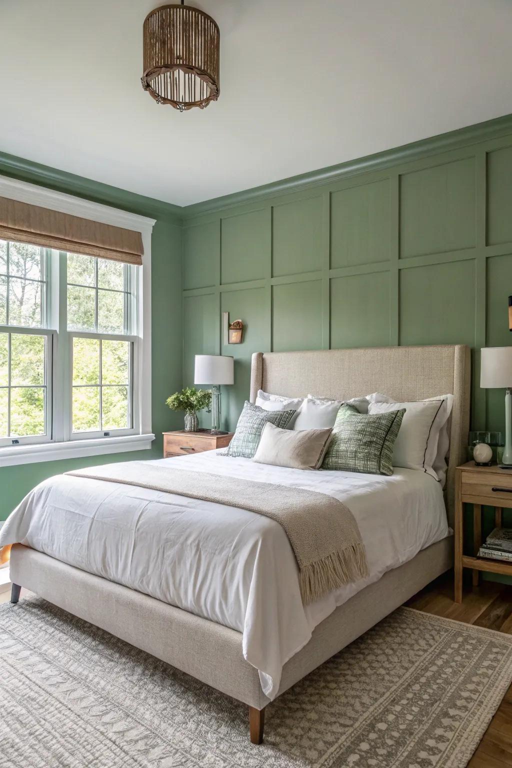 A sage green accent wall elegantly becomes the focal point of a tranquil bedroom.