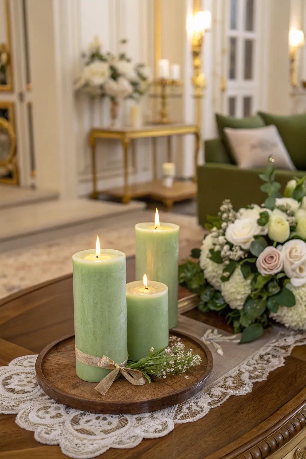 Elegant sage green candles create a peaceful environment.