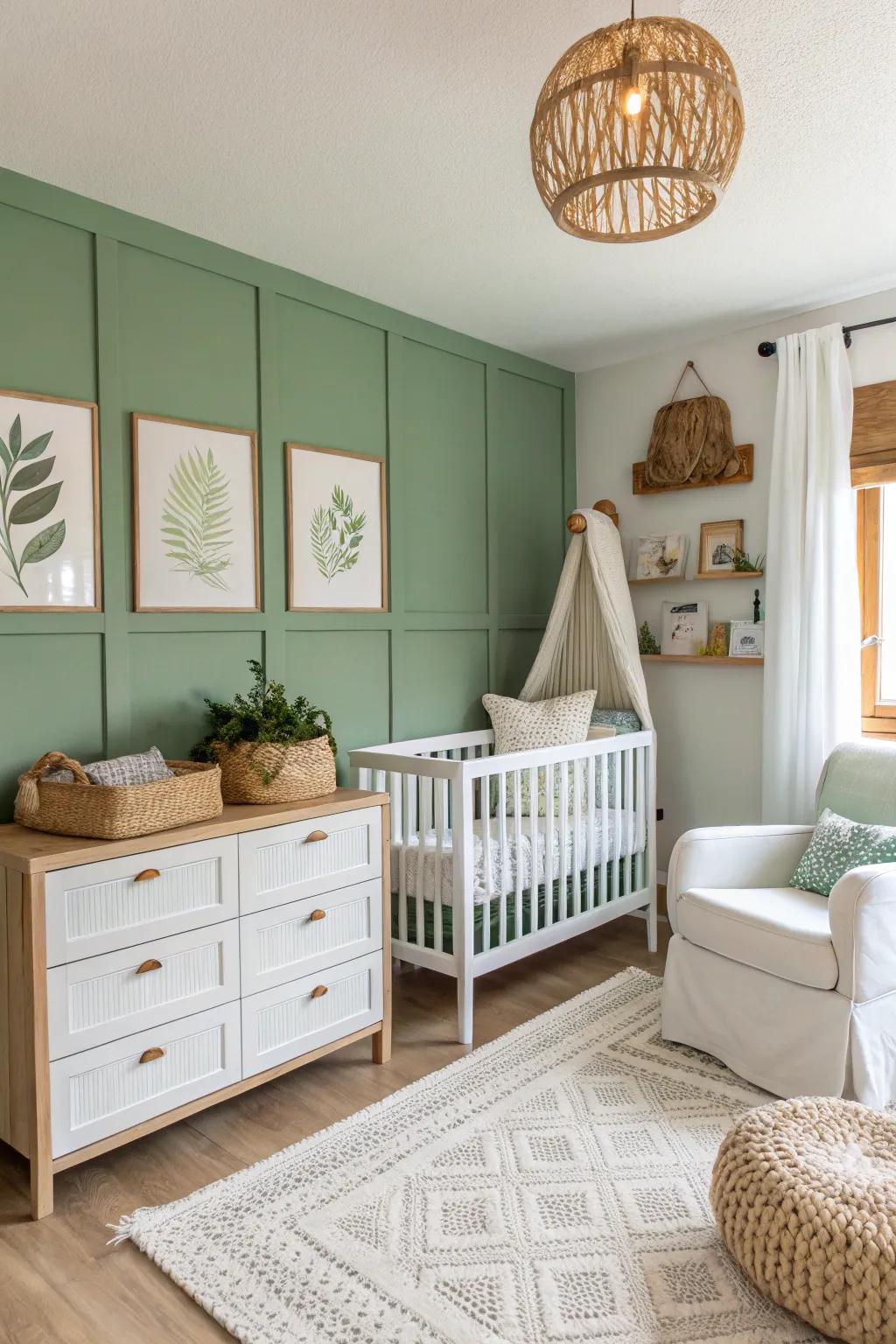 A verdant mist accent wall provides a lovely focal point in this peaceful nursery.
