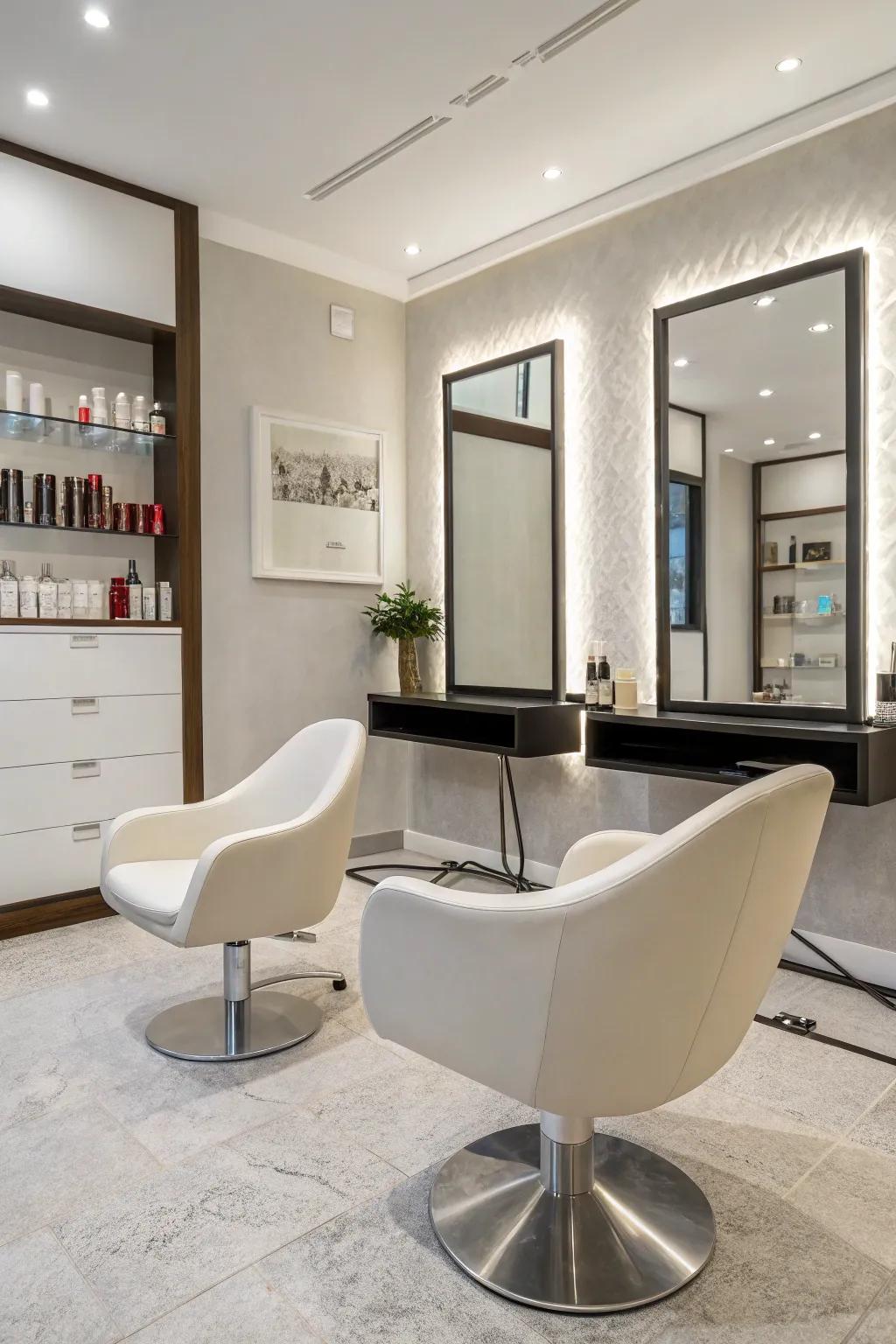 A minimalist salon featuring sleek furniture and uncluttered aesthetics.