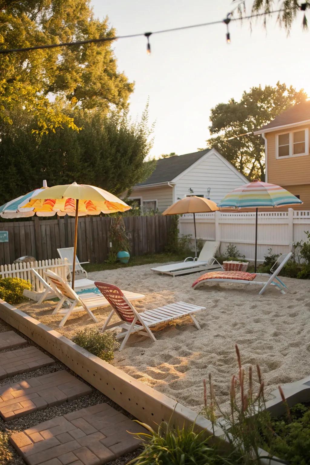 Replicate the beach experience at home with a snug backyard arrangement.