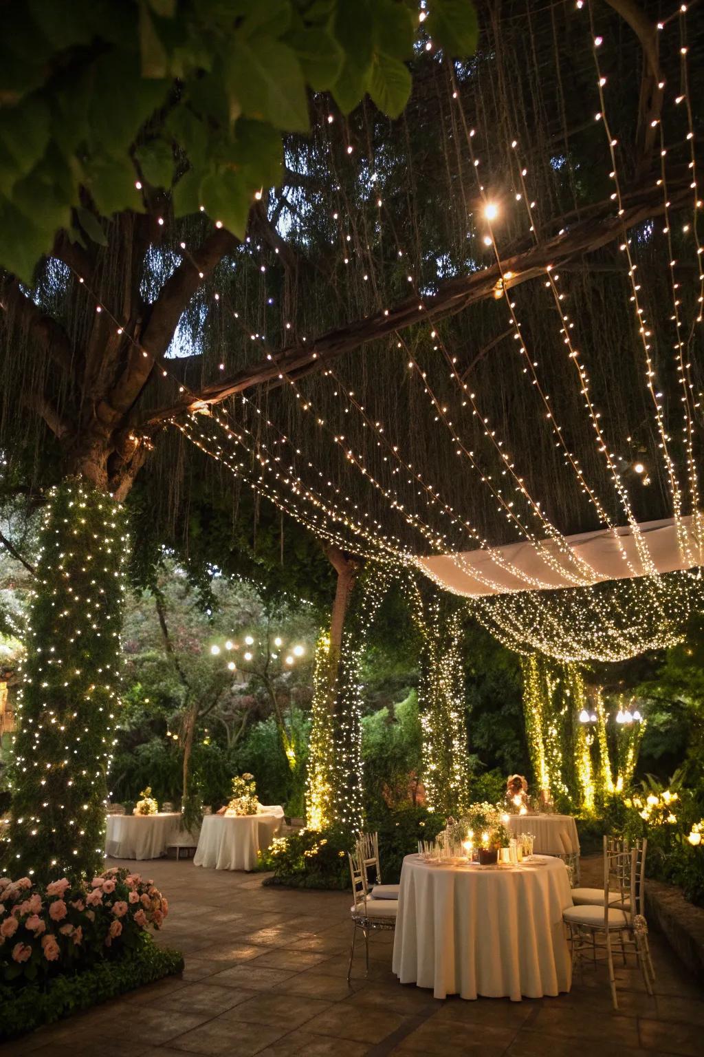 A garden location aglow with charming fairy lights.