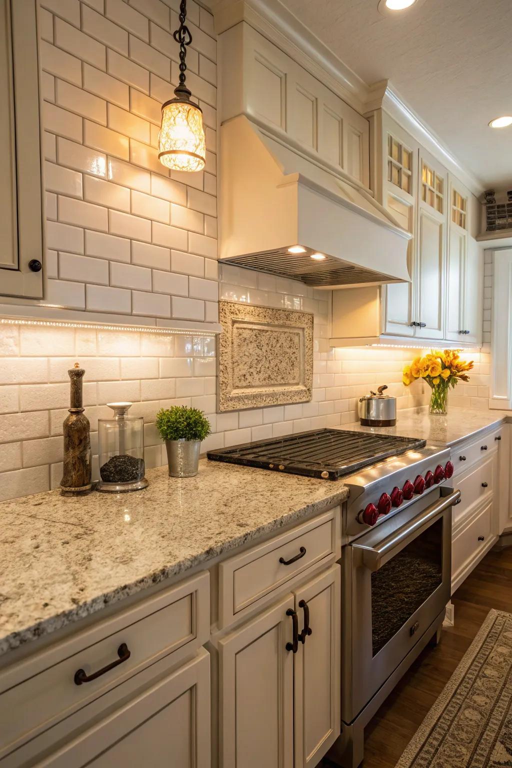 Traditional white rectangular tiles paired with Golden Cascade granite for a classic design.