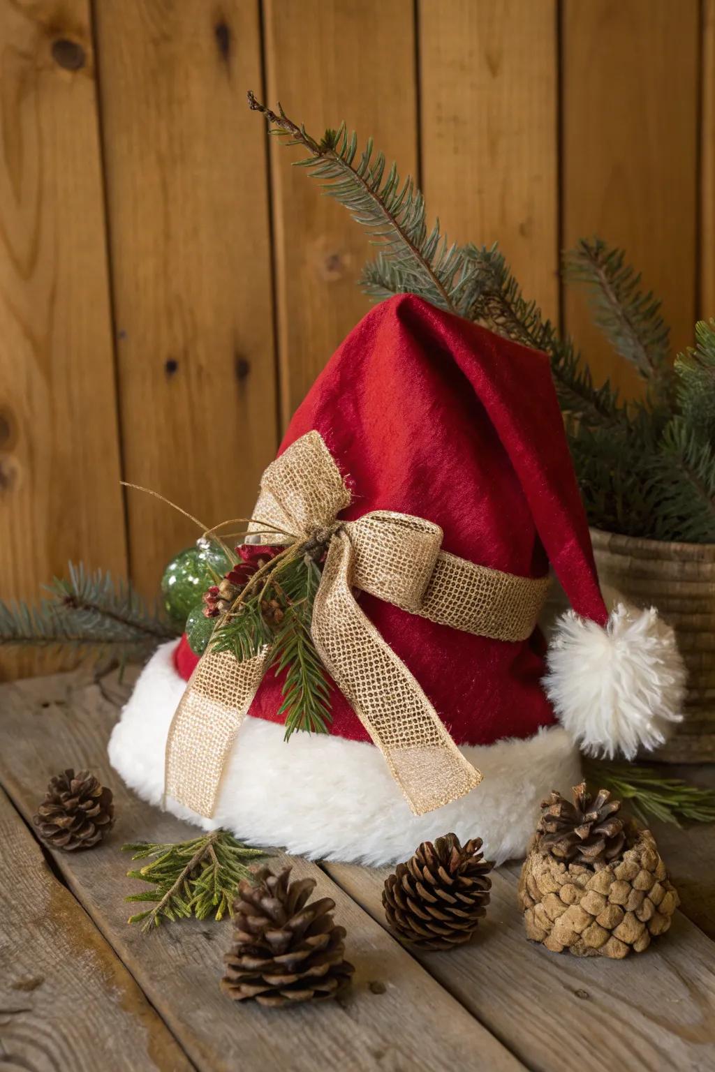 Capture a rustic charm with textured fiber and natural components on your Santa hat.