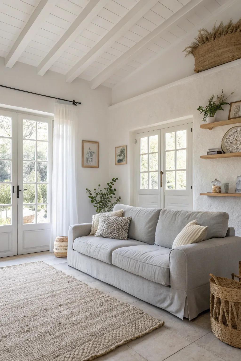 A peaceful living room featuring a neutral color scheme that maximizes natural light.