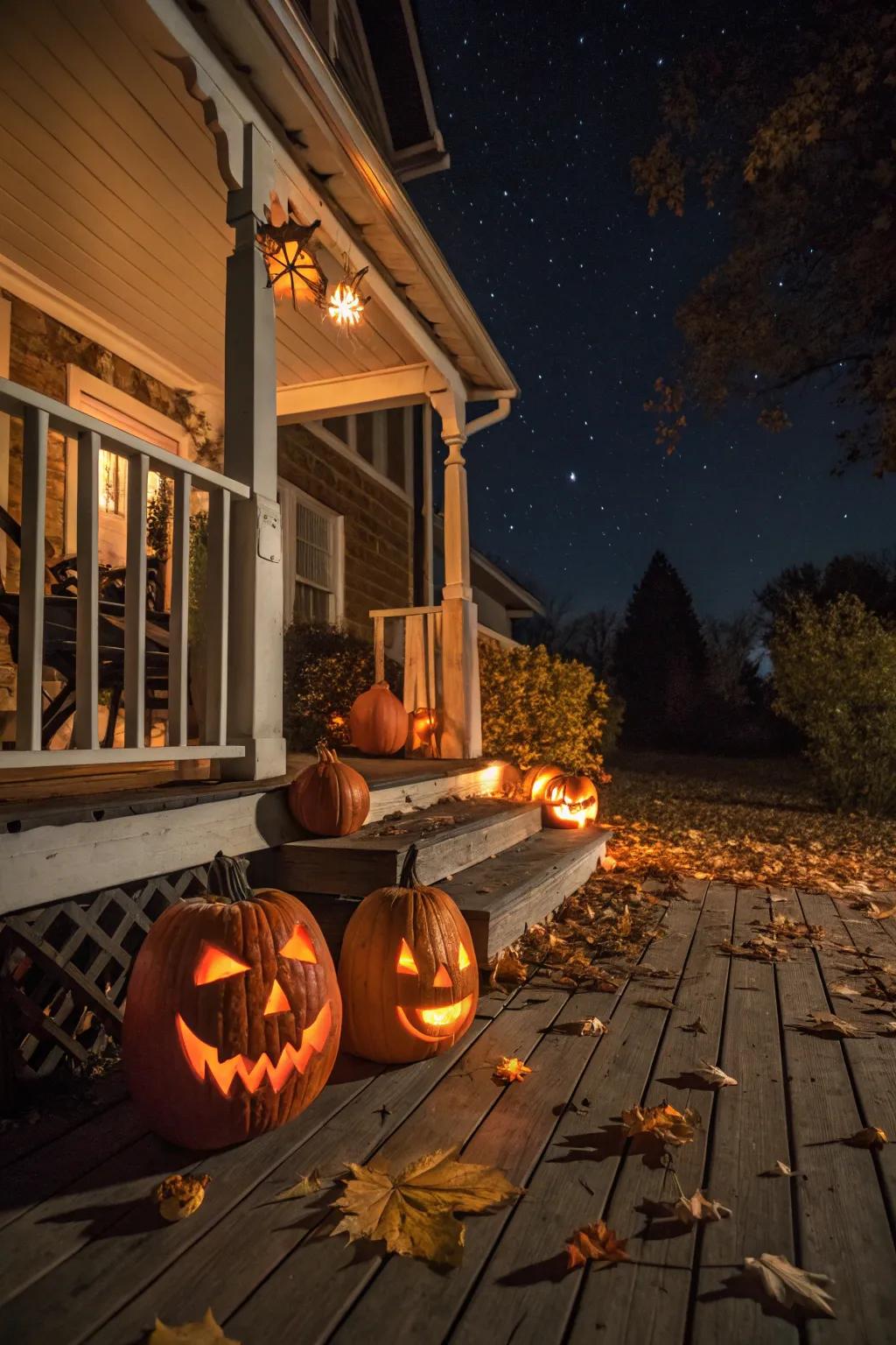 Crafted pumpkins project a spectral glow on a Halloween night.