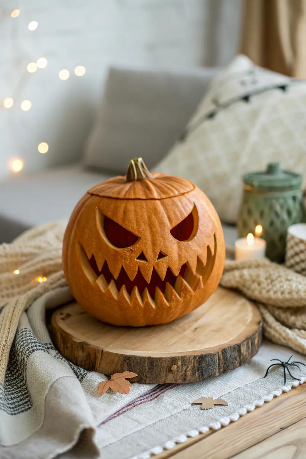 Let your creativity shine with this threatening ghoul pumpkin carving, where simplicity meets spooky beauty.