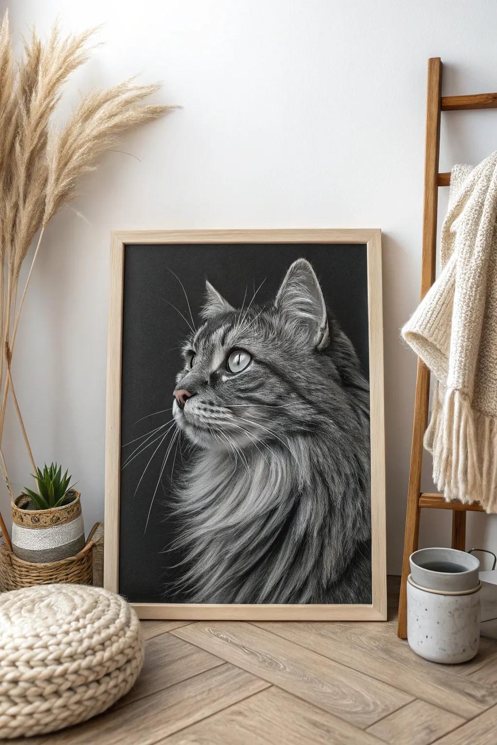 Capture the alluring mystery of feline grace with exquisite scratchboard art.