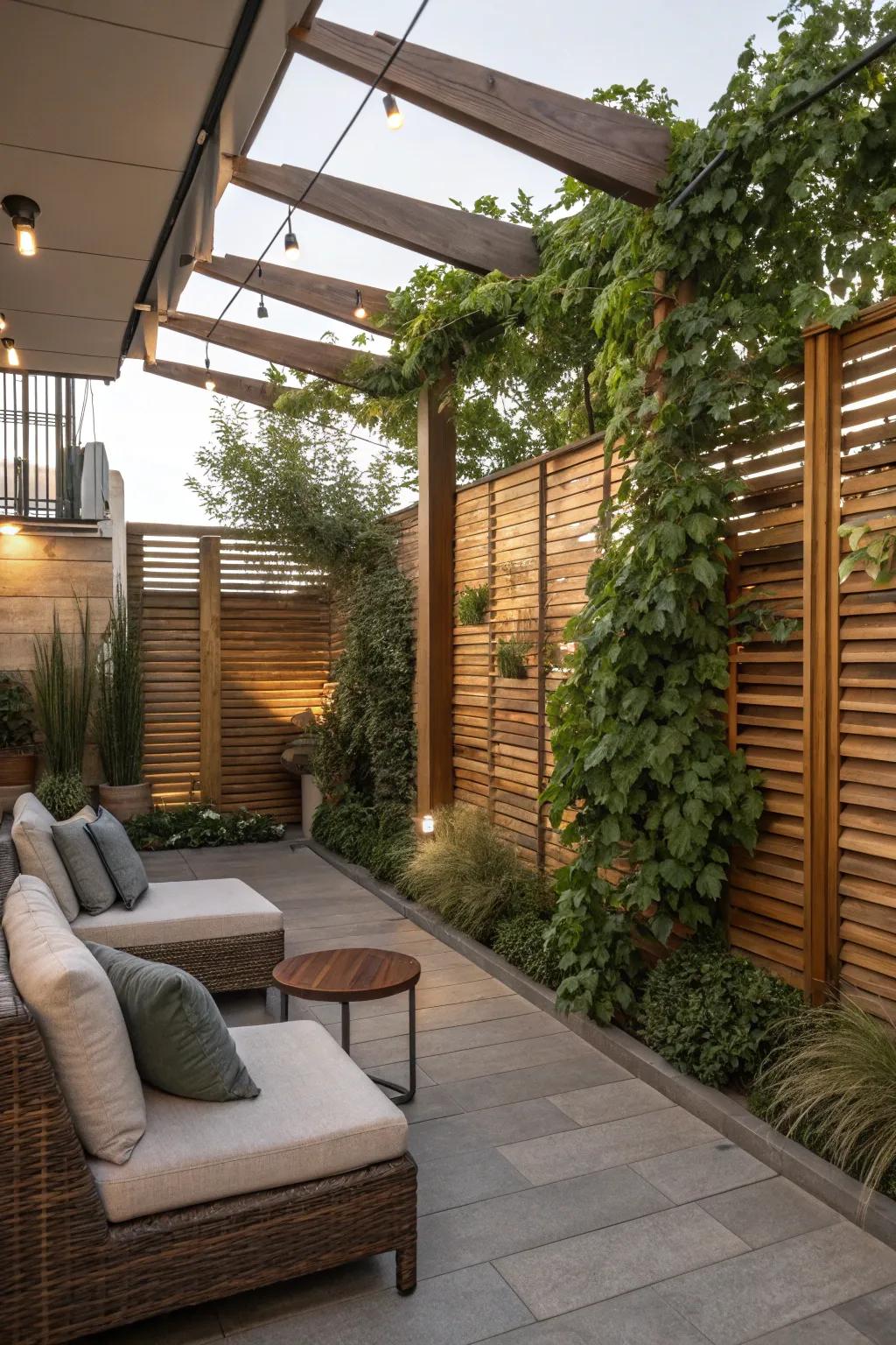 An inviting patio featuring a timber screen wall, ideal for privacy and leisure.
