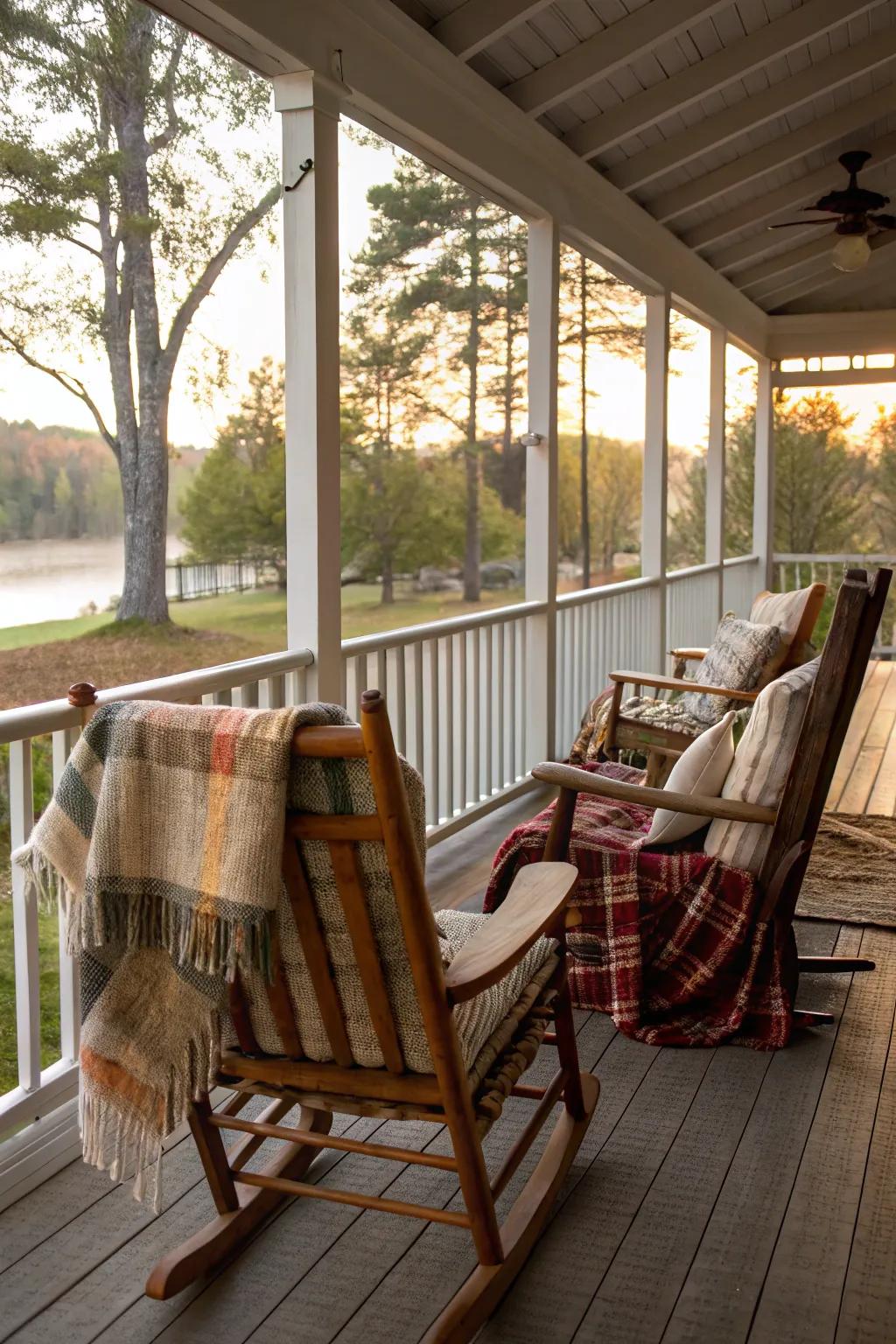 Traditional rocking chairs on a screened-in porch fashion an ageless, inviting ambiance.