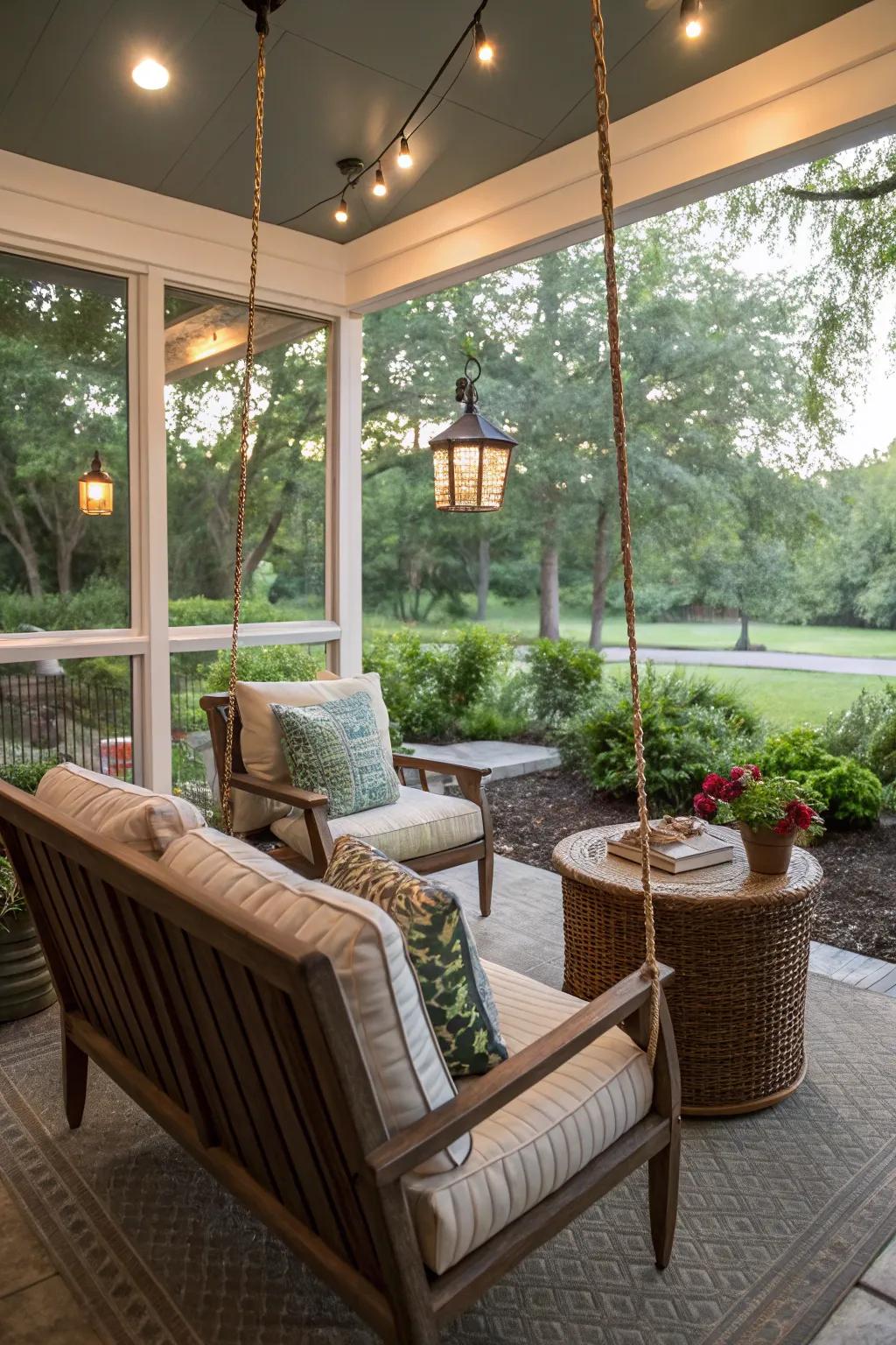 A comfortable seating arrangement with a swing on a screened lanai.