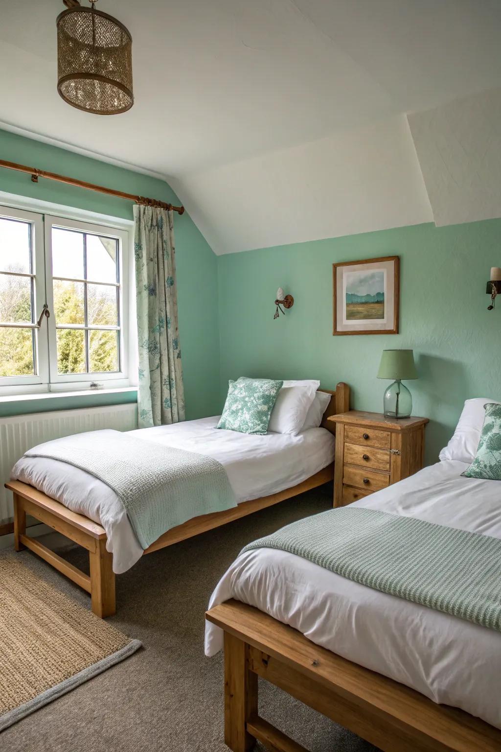 A serene bedroom defined by its seafoam green walls and ethereal light bedding.