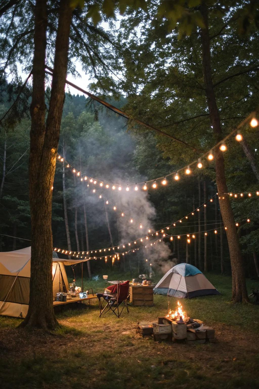 Twinkle lights transform a campsite into an enchanting escape.