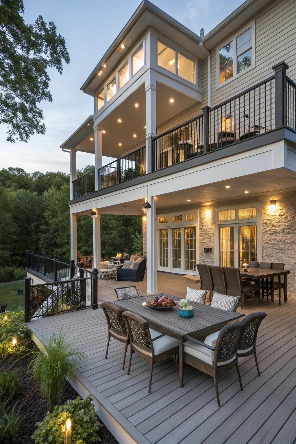 A tiered deck providing separate zones for different activities, enhancing both aesthetics and functionality.