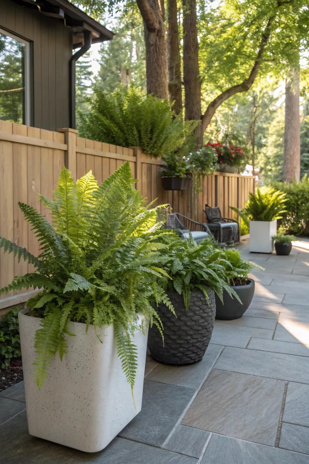 A sheltered patio beautifully decorated with a variety of ferns in stylish planters.