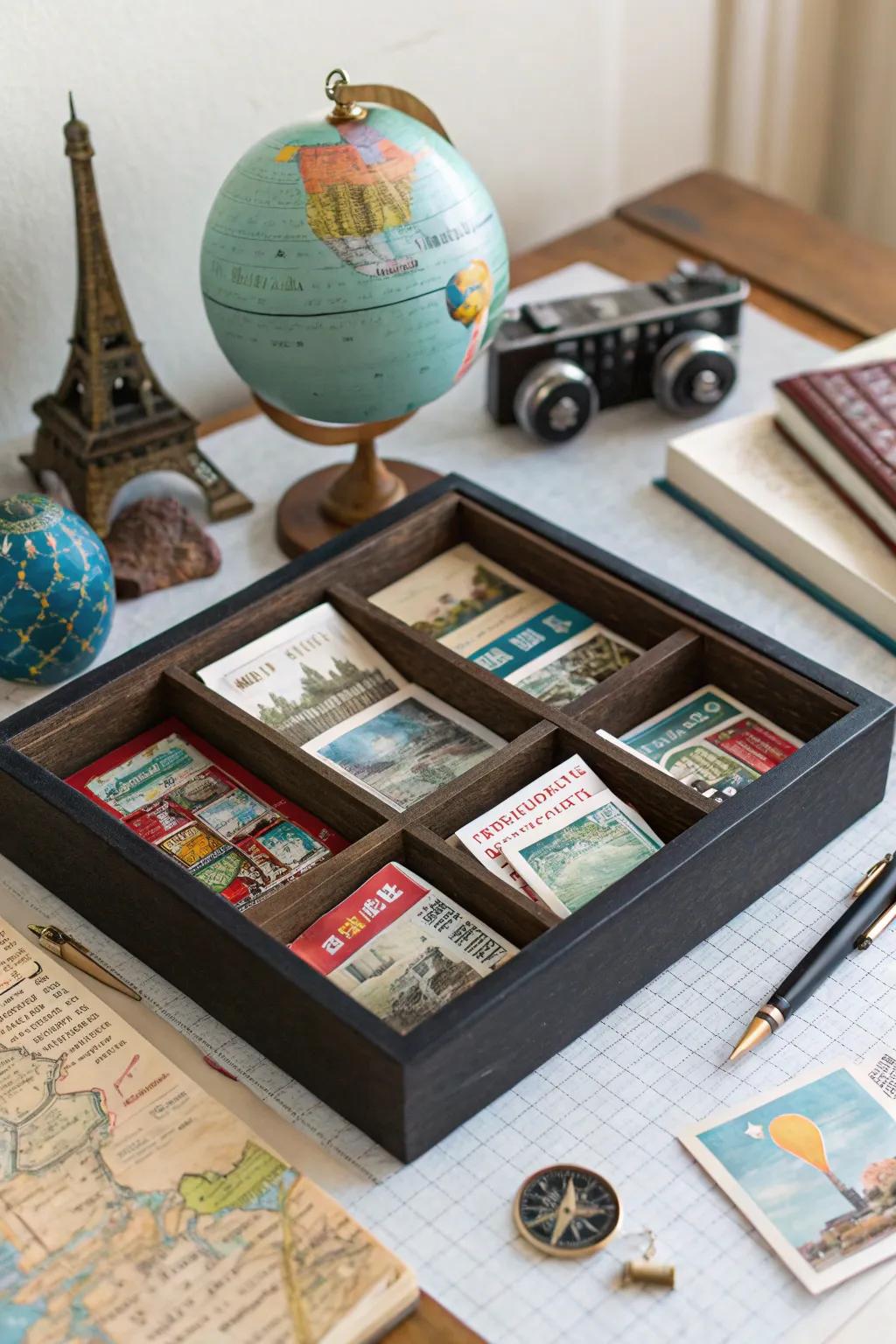 A travel memory enclosure showcasing treasures of wanderlust.