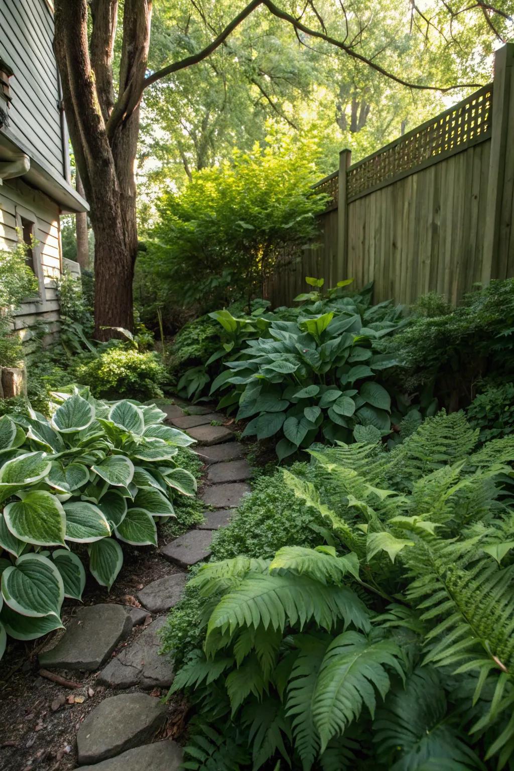 Hostas and ferns form a brilliant green haven in the shade.