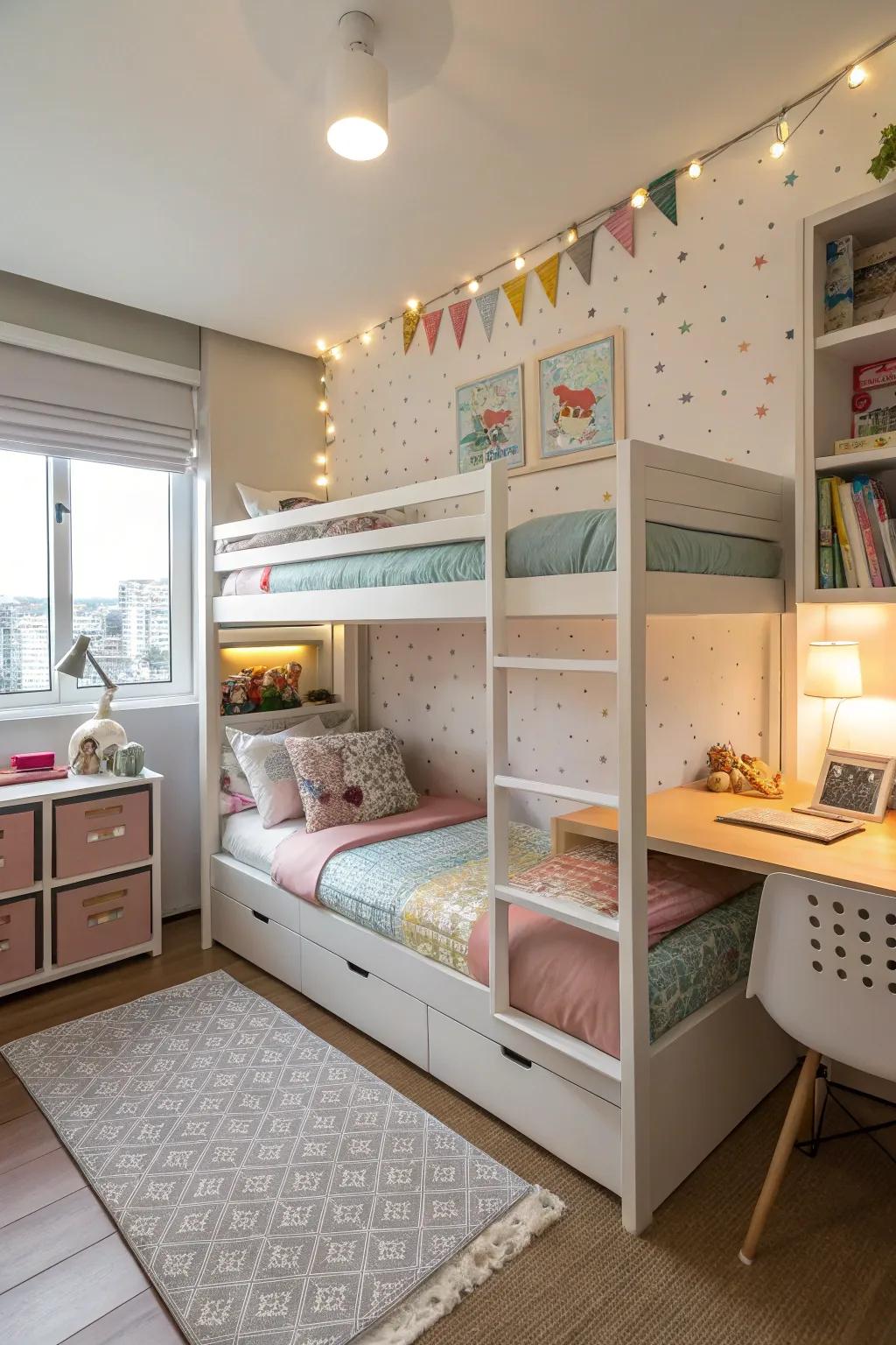 Strategic use of tiered sleepers to optimize floor space in a shared sibling bedroom.
