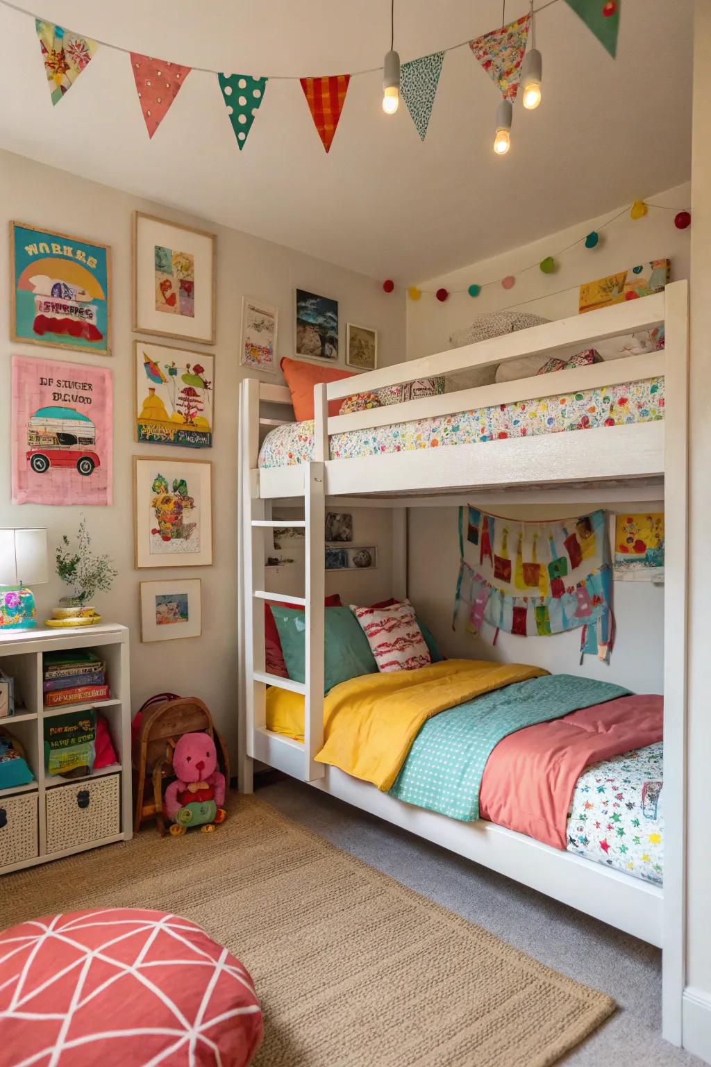 A compact shared bedroom maximizing space with bunk beds.