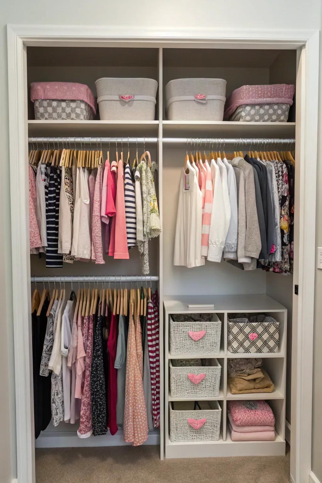 A shared wardrobe featuring clearly demarcated zones for two individuals.