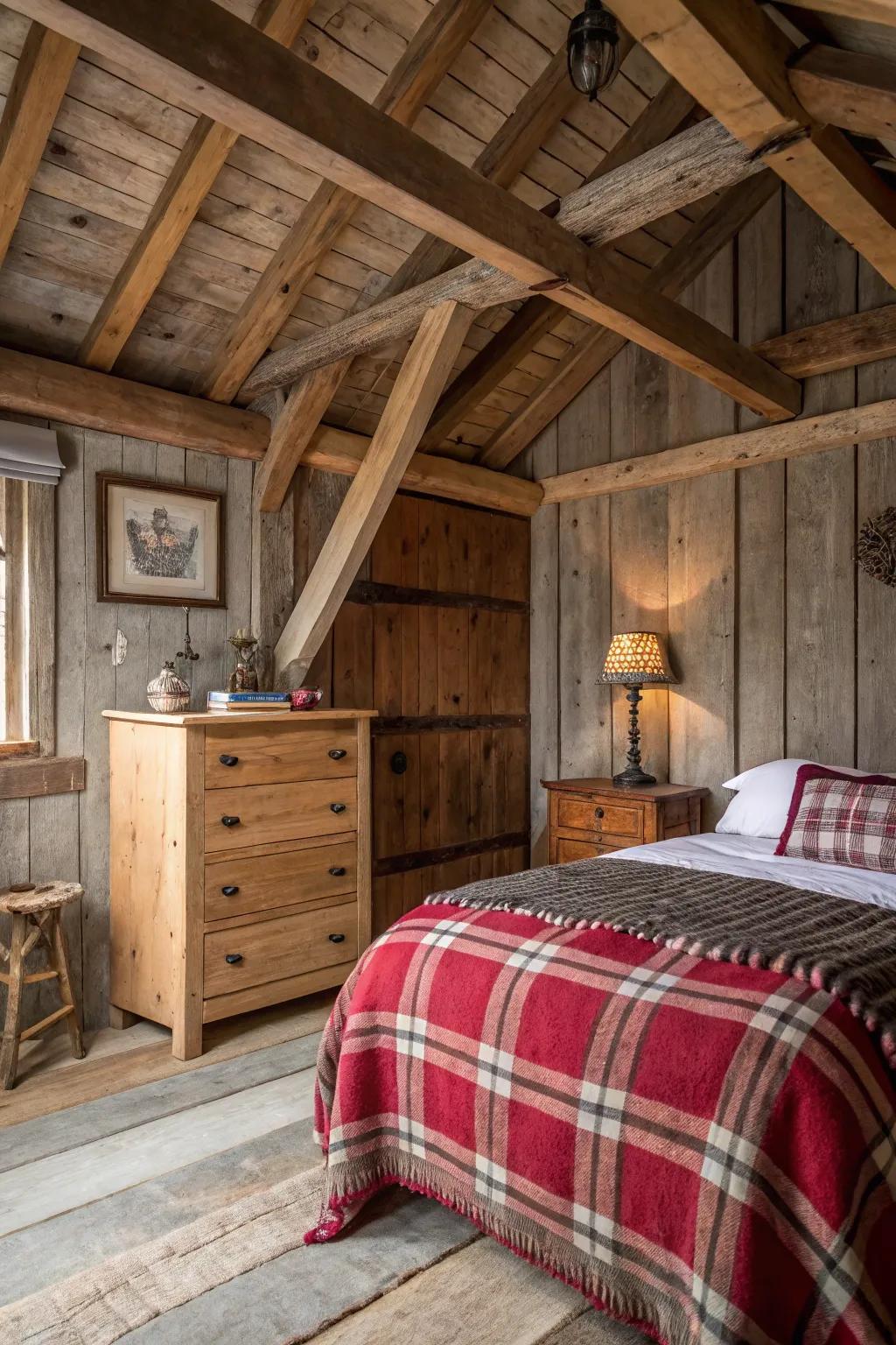 Country elegance blends seamlessly with comfortable living through exposed beams and recovered timber decor.