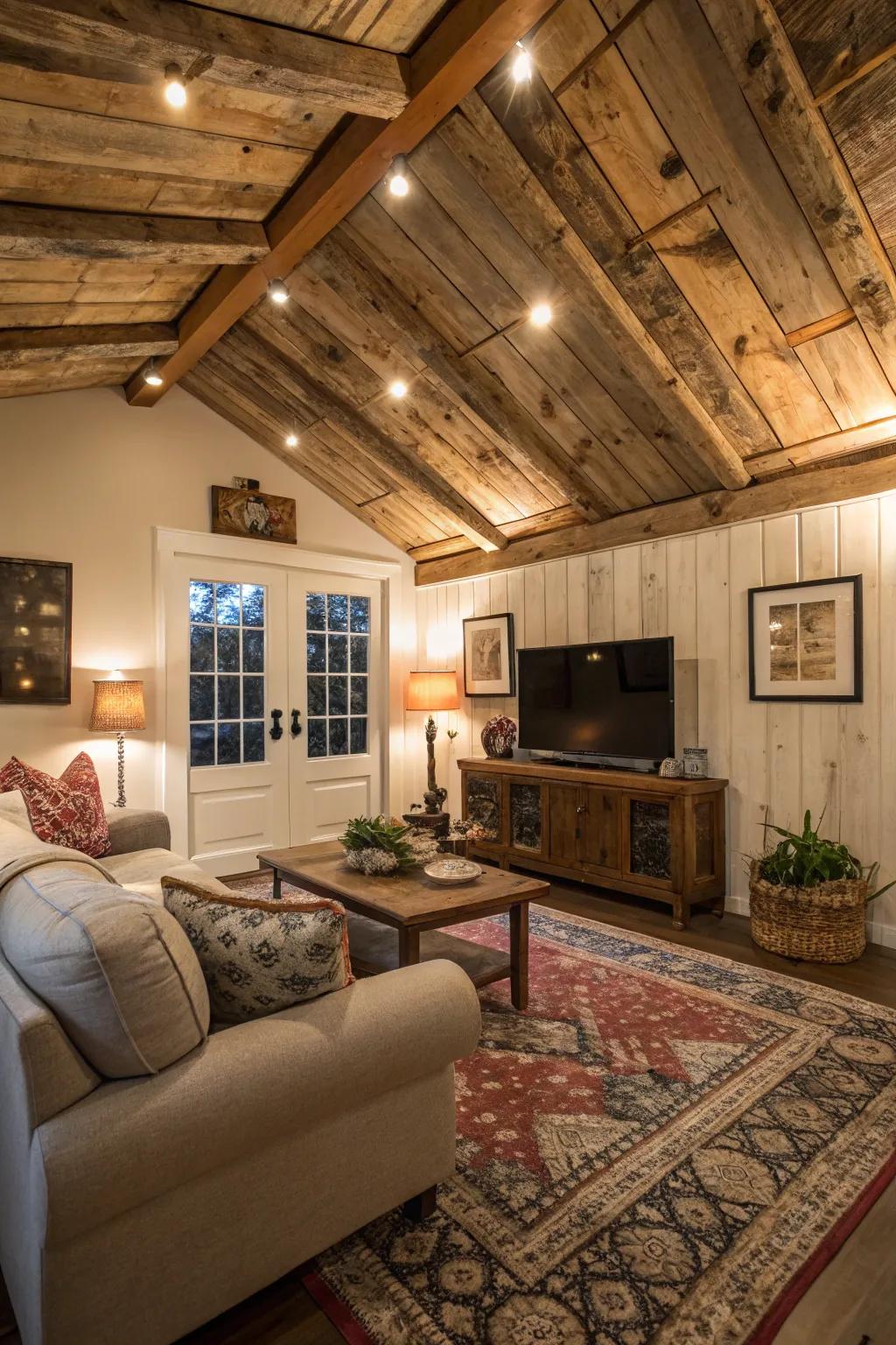 A welcoming living area showcasing a striking wooden shed ceiling.