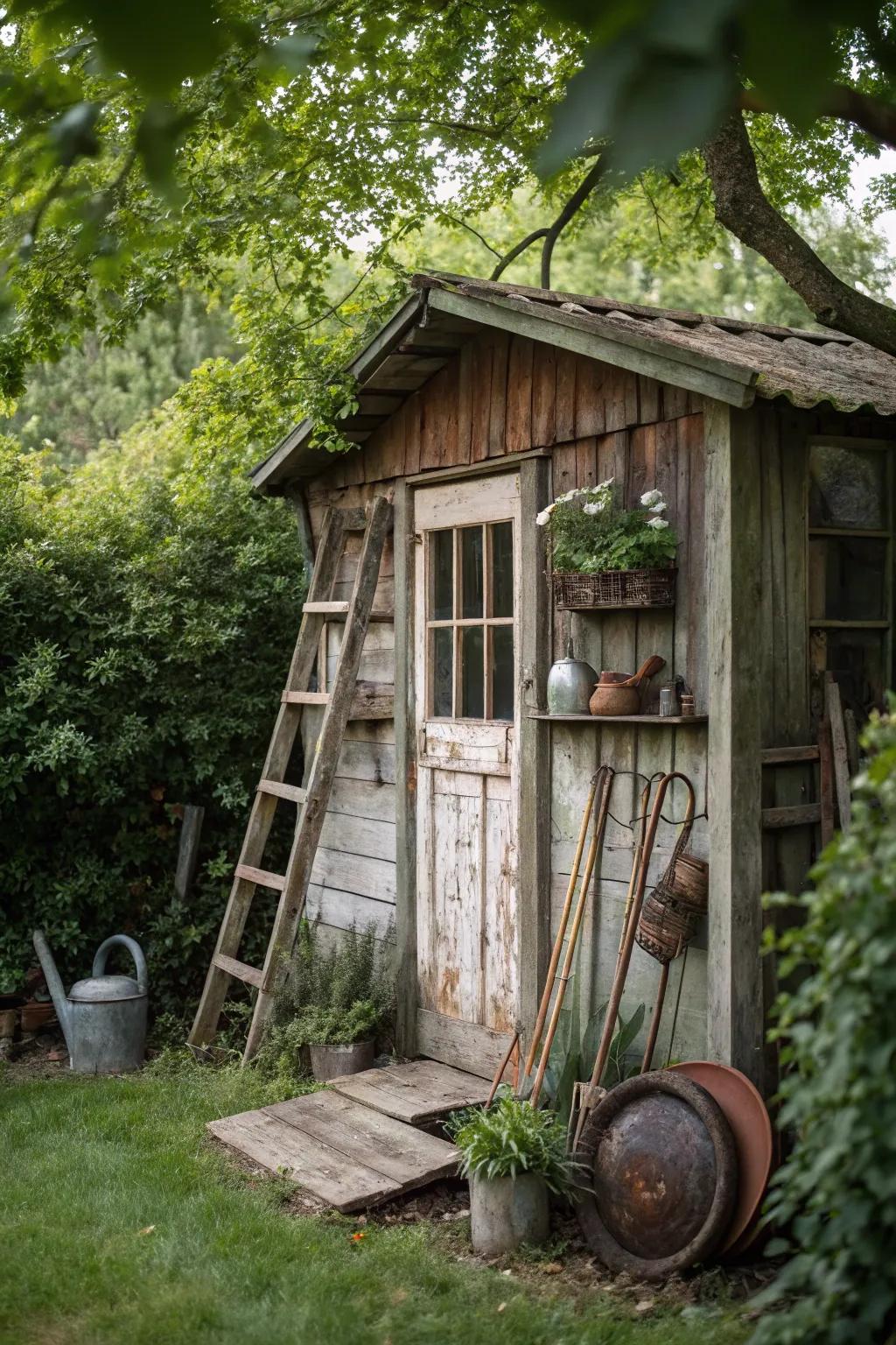 A rustic-inspired garden shed enhanced with vintage decorative pieces.