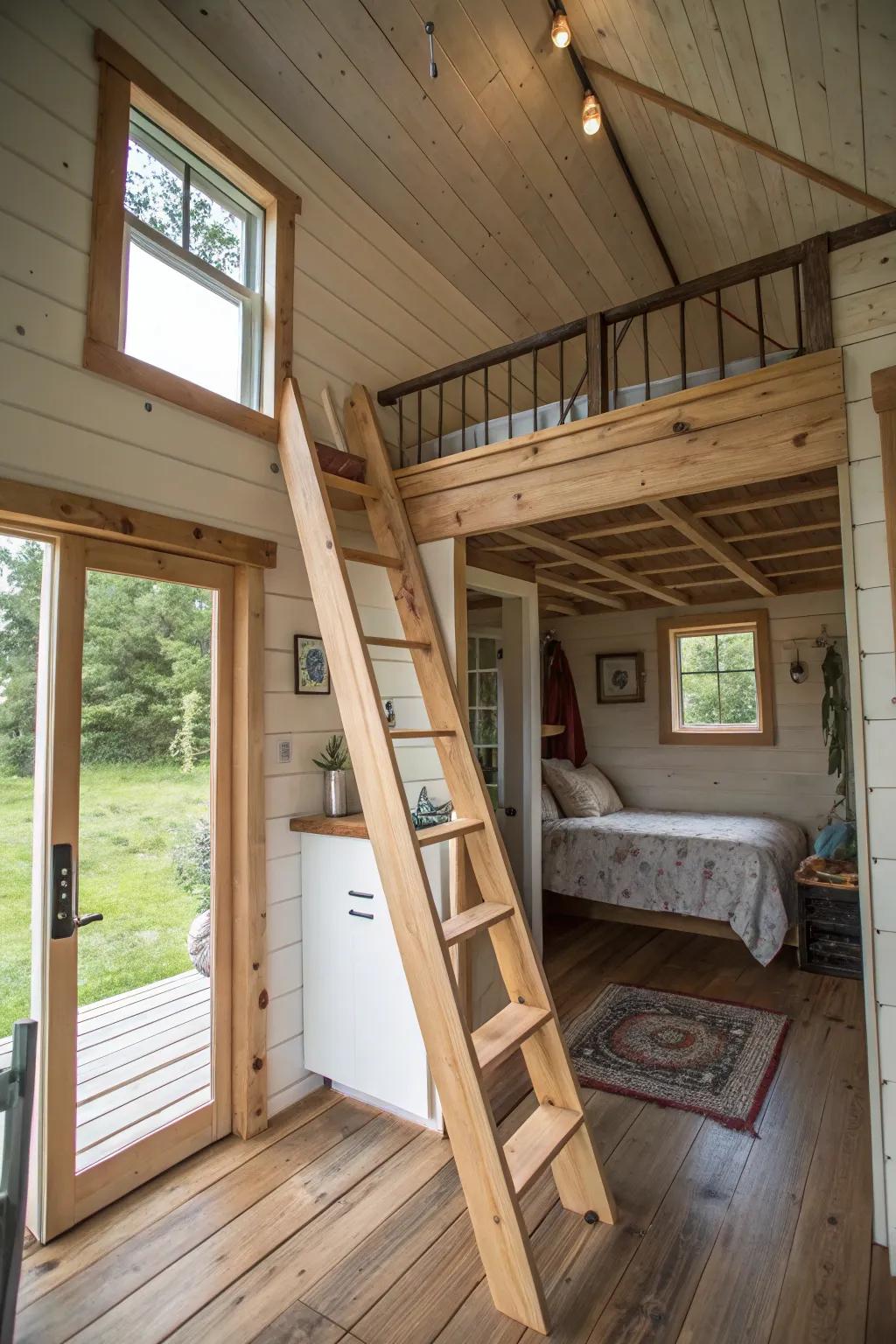 A garden shed home highlighting a mezzanine bedroom accessible by a ladder, maximizing vertical space.
