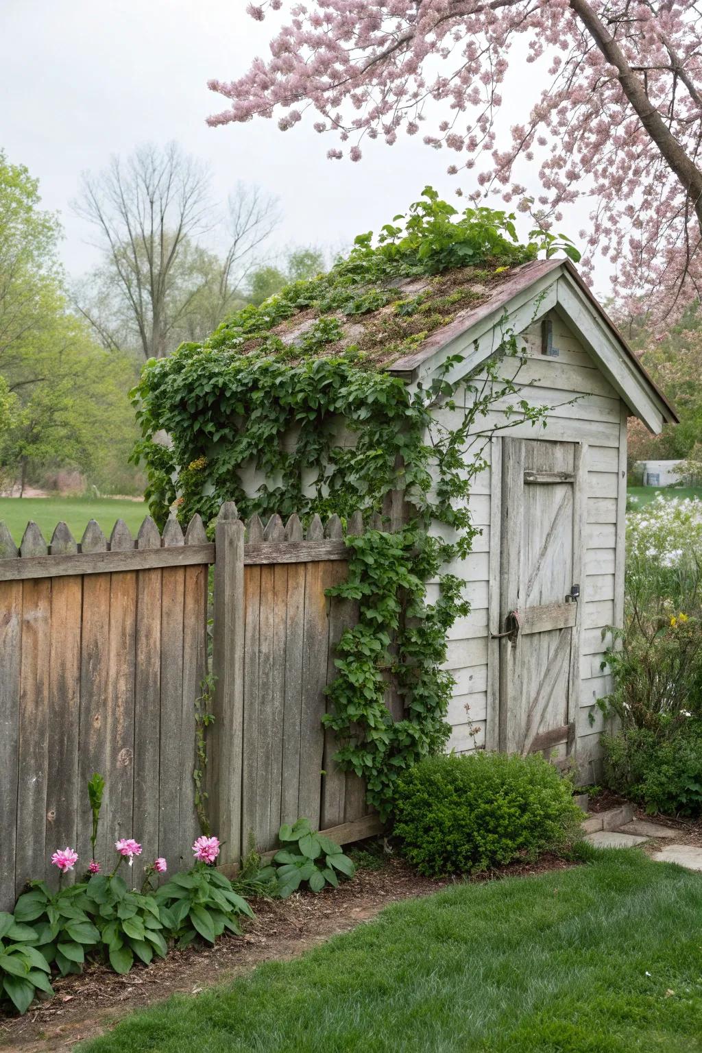 A shed integrates effortlessly, nestled against a quaint wooden fence.