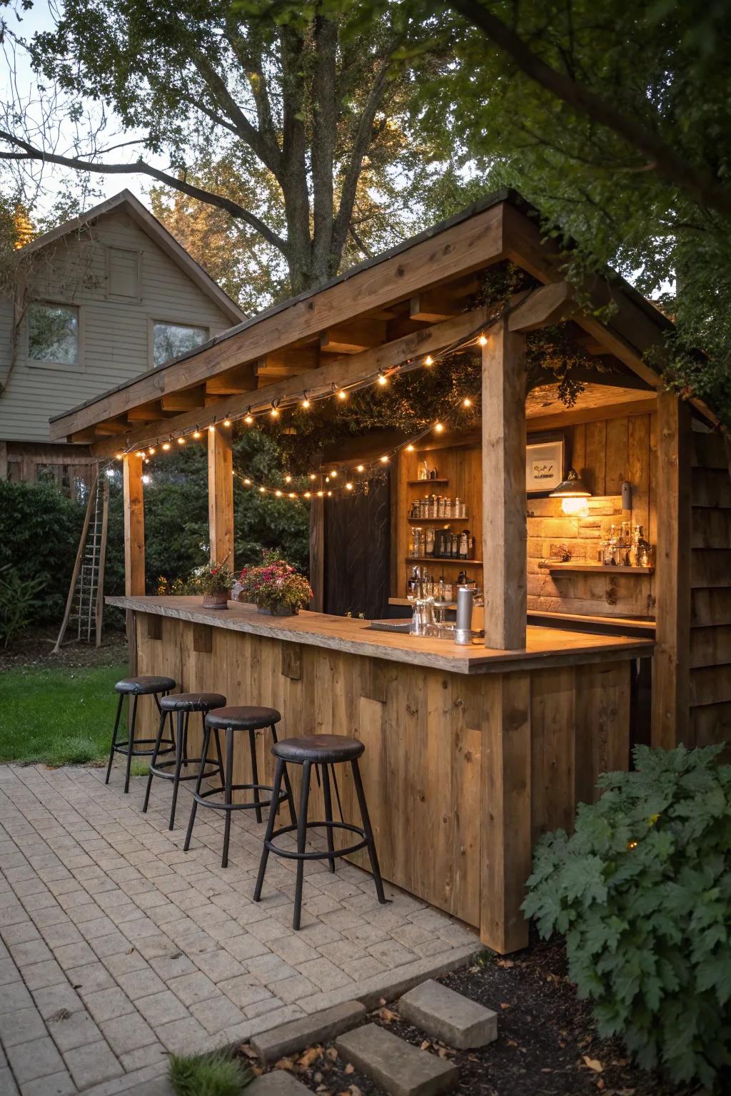 A rustic wood bar that integrates beautifully with its natural surroundings.