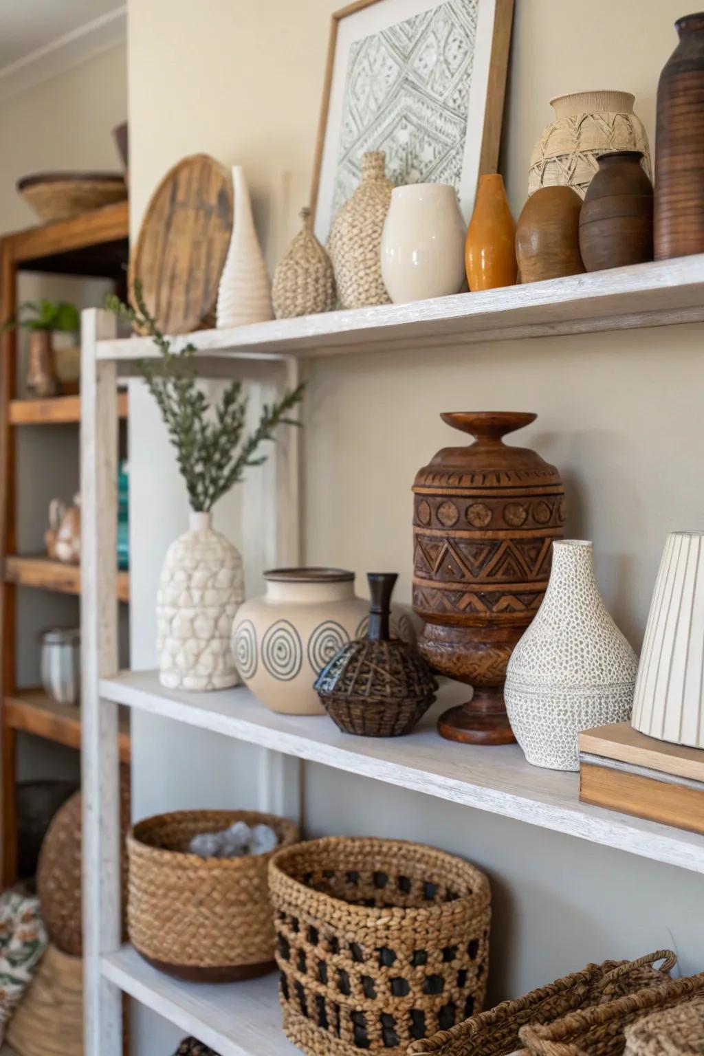 A domestic display shelf that blends ceramic vases and timber sculptures for a tactile aesthetic.