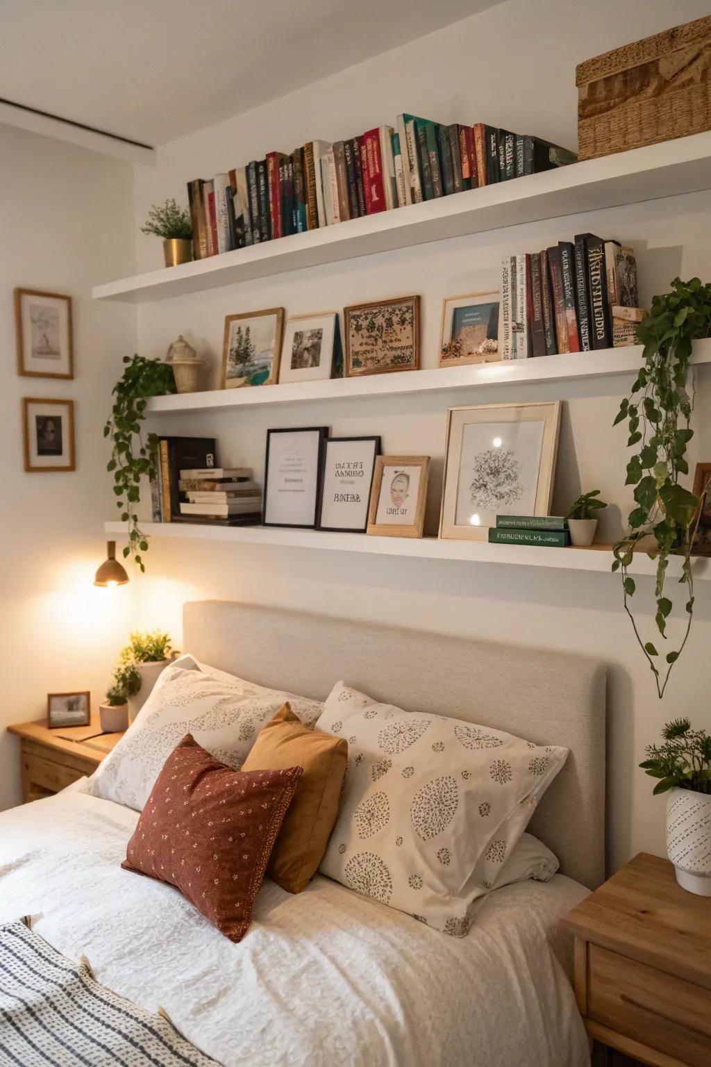 Wall-mounted shelves above the bed provide easy access to books and decor.