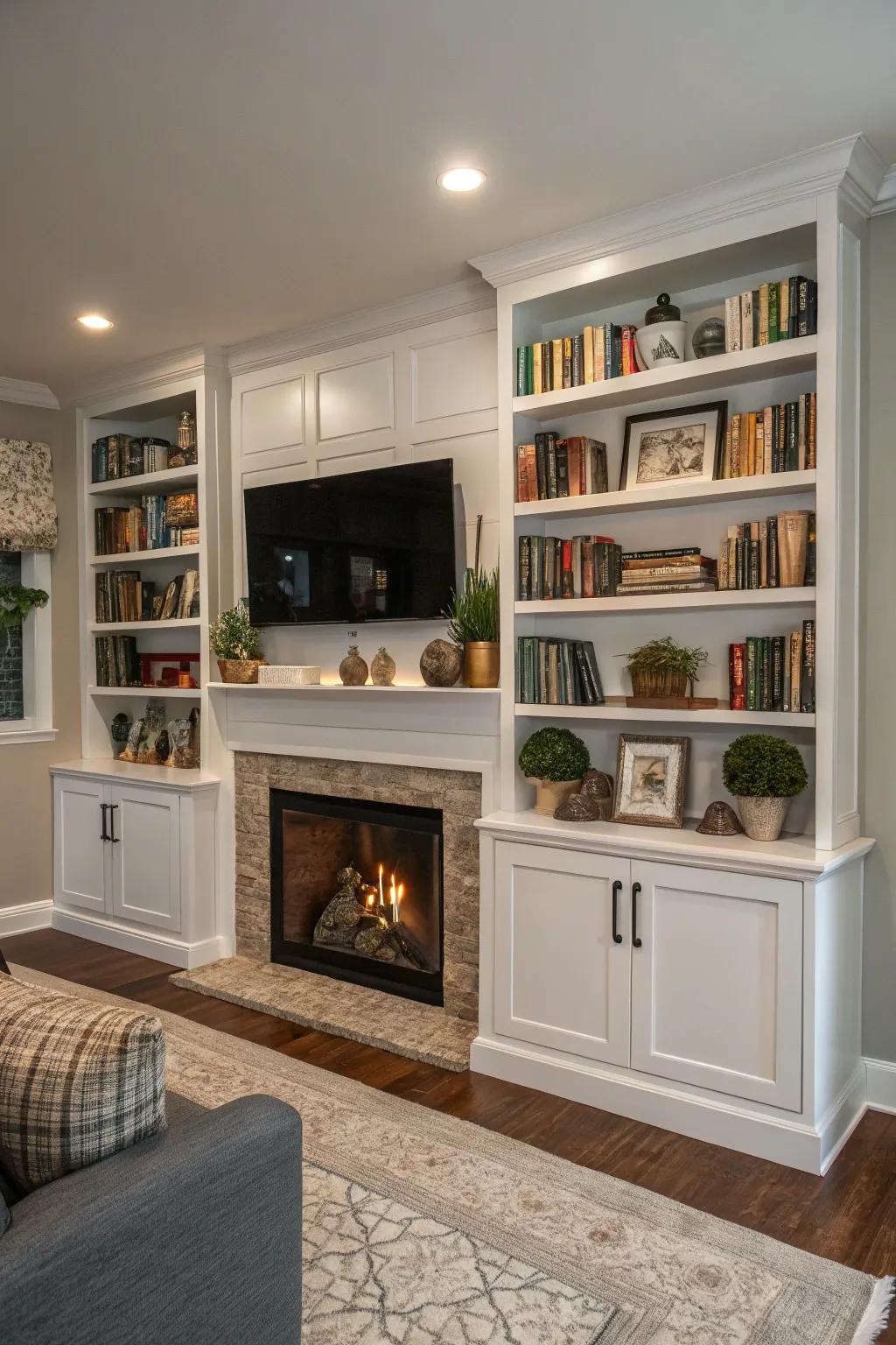 Symmetrical built-in shelving creates visual balance in the living area.