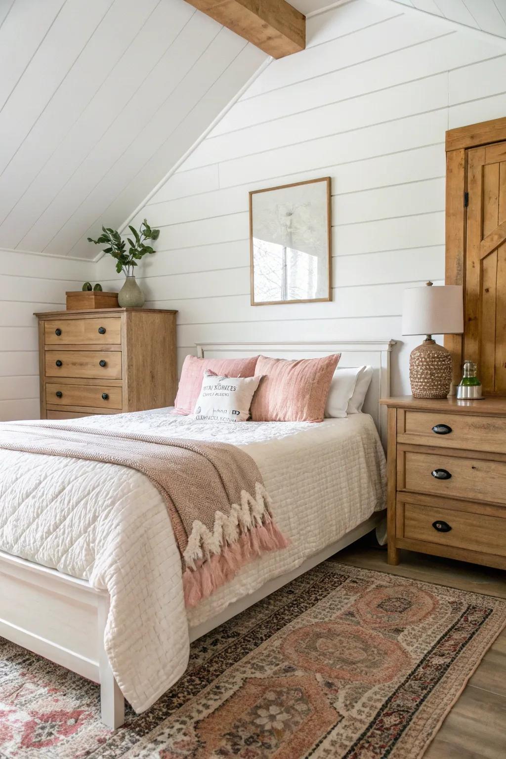 A classic white shiplap accent wall establishes a tranquil bedroom escape.